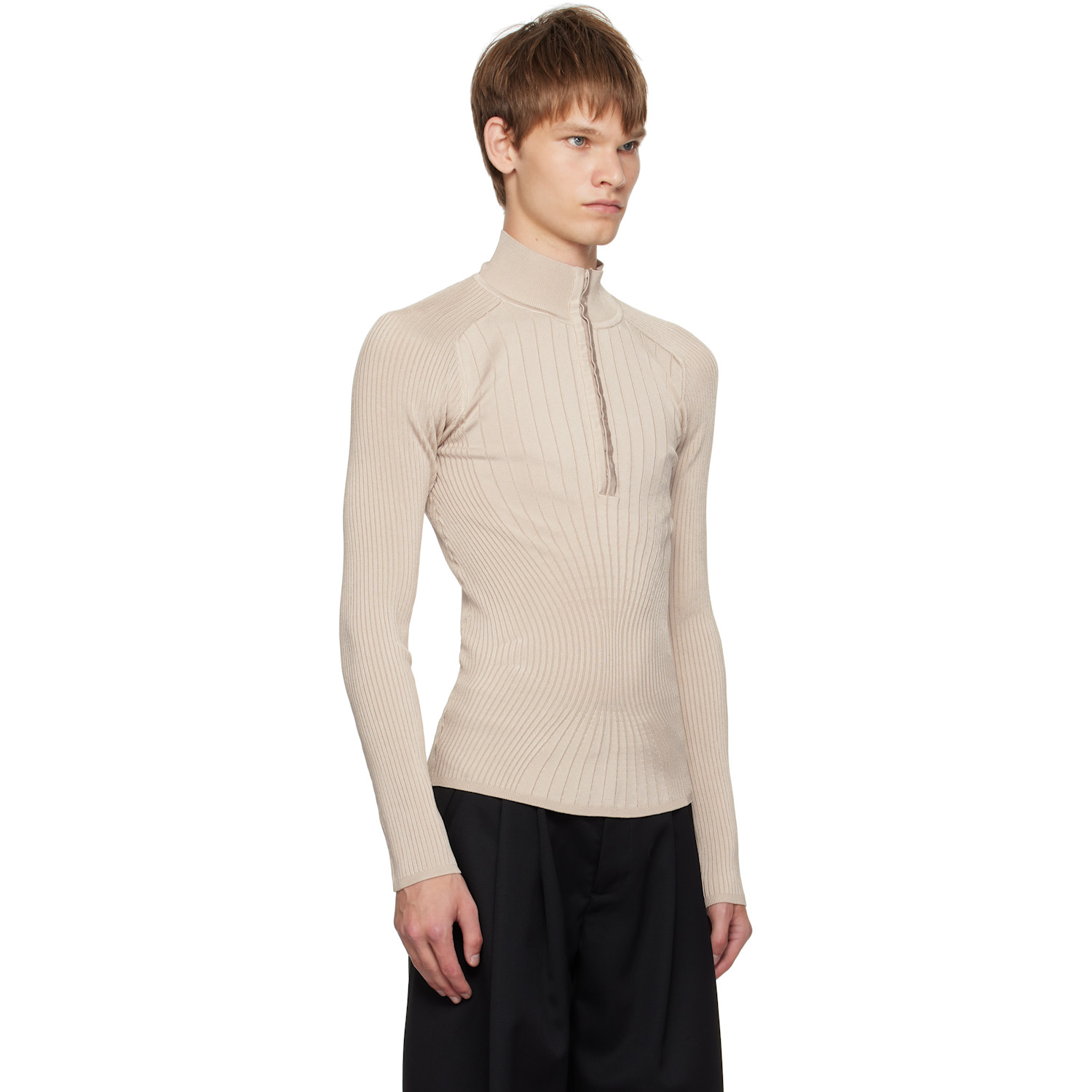  Mugler Gray Hook-and-eye Ribbed Top 
