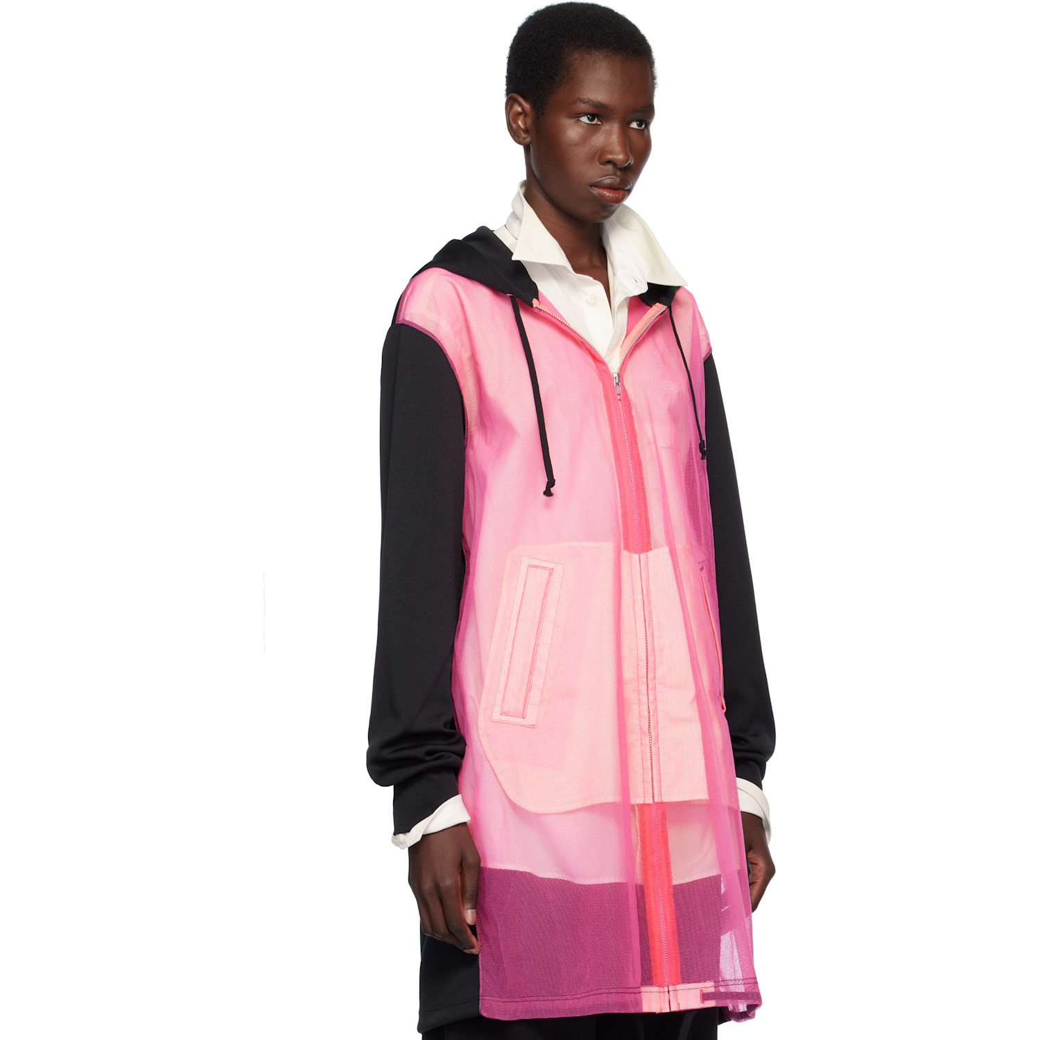  Comme Des Garçons Homme Plus Pull à Capuche Noir Et Rose En Jersey épais Et En Tulle De Nylon à Glissière 