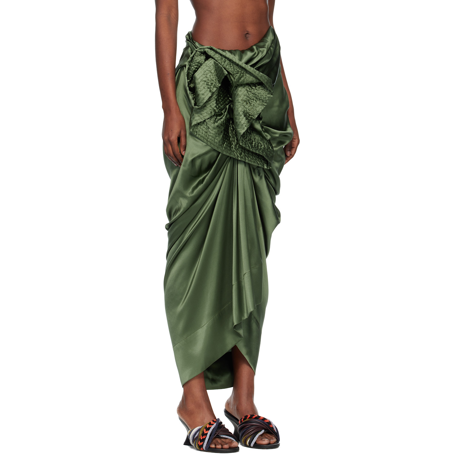  Dries Van Noten Khaki Draped Silk Satin Midi Skirt 