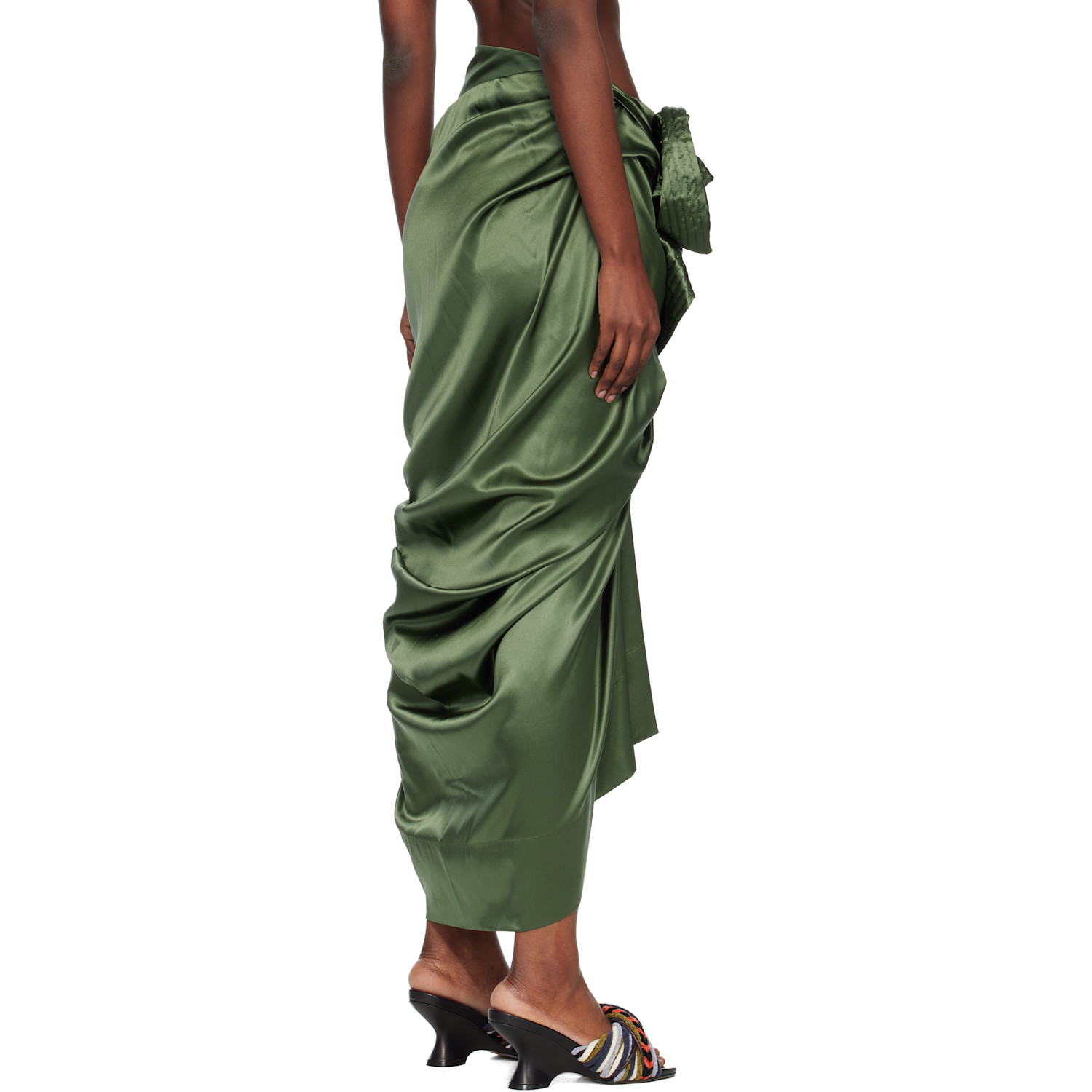  Dries Van Noten Khaki Draped Silk Satin Midi Skirt 