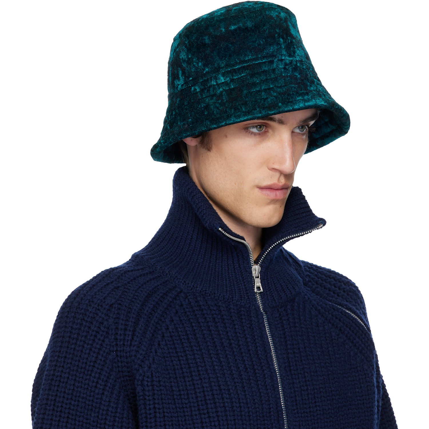  Dries Van Noten Black & Navy Velvet Bucket Hat 