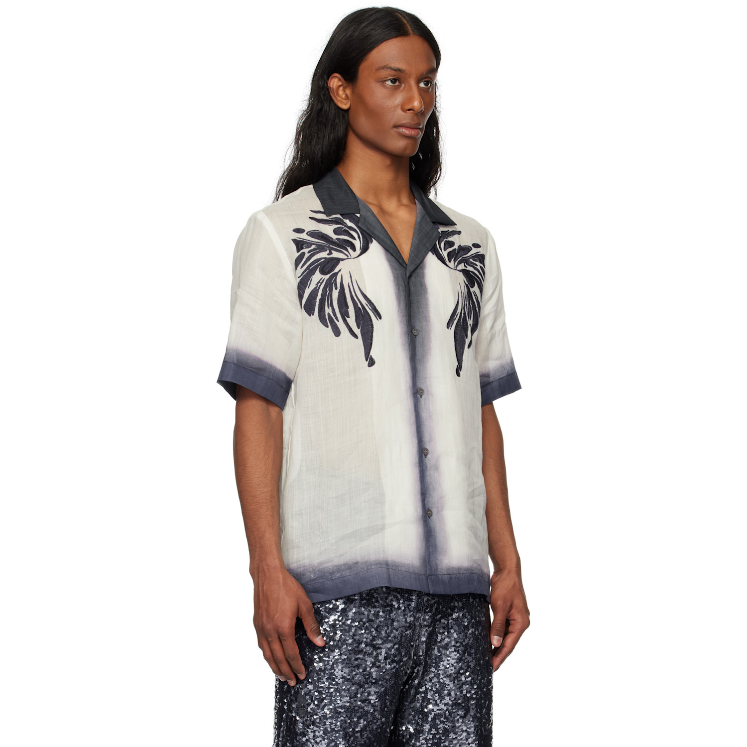  Dries Van Noten Off-white & Navy Embroidered Shirt 