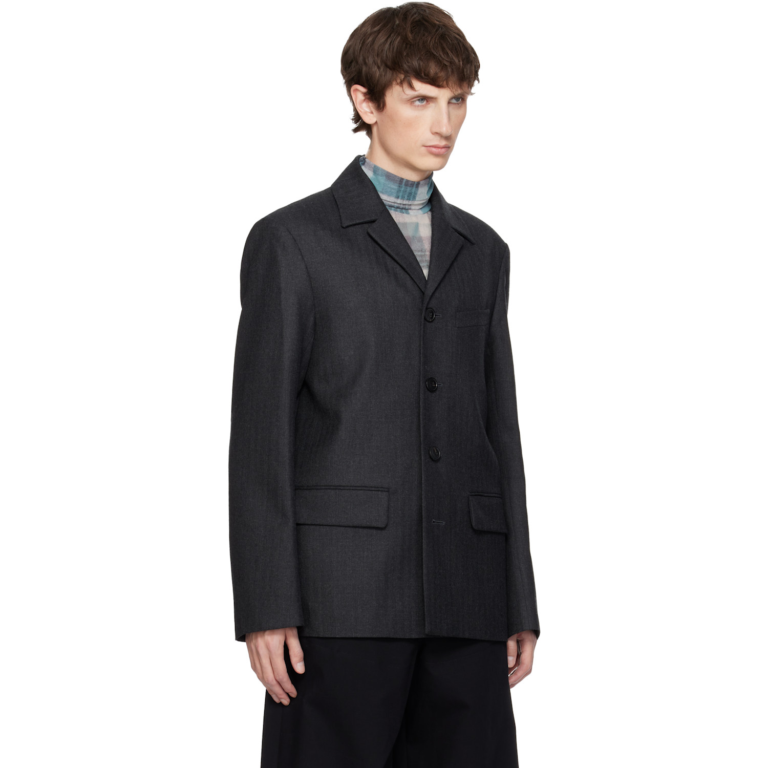  Dries Van Noten Gray Herringbone Wool Blazer 