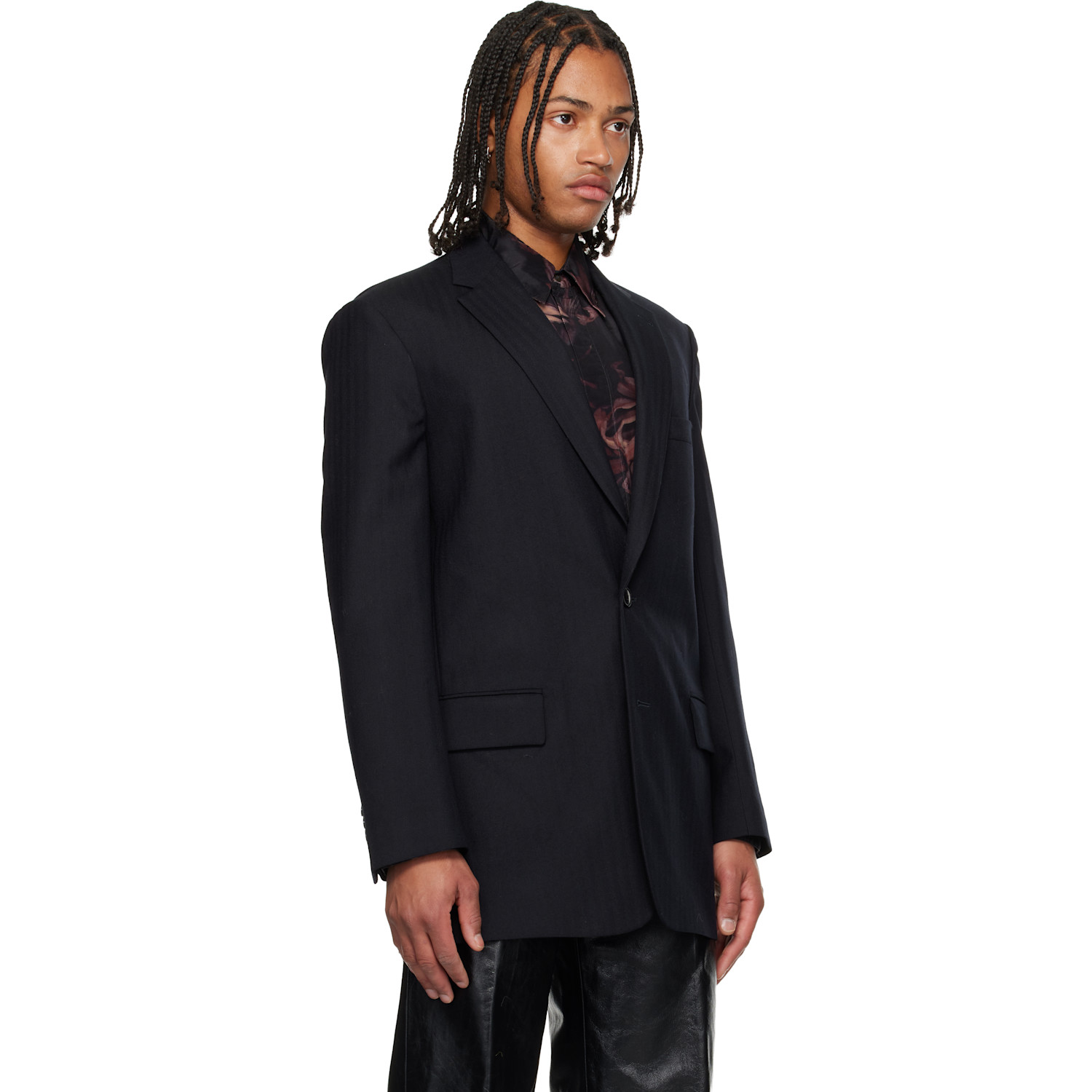  Dries Van Noten Navy Herringbone Wool Blazer 