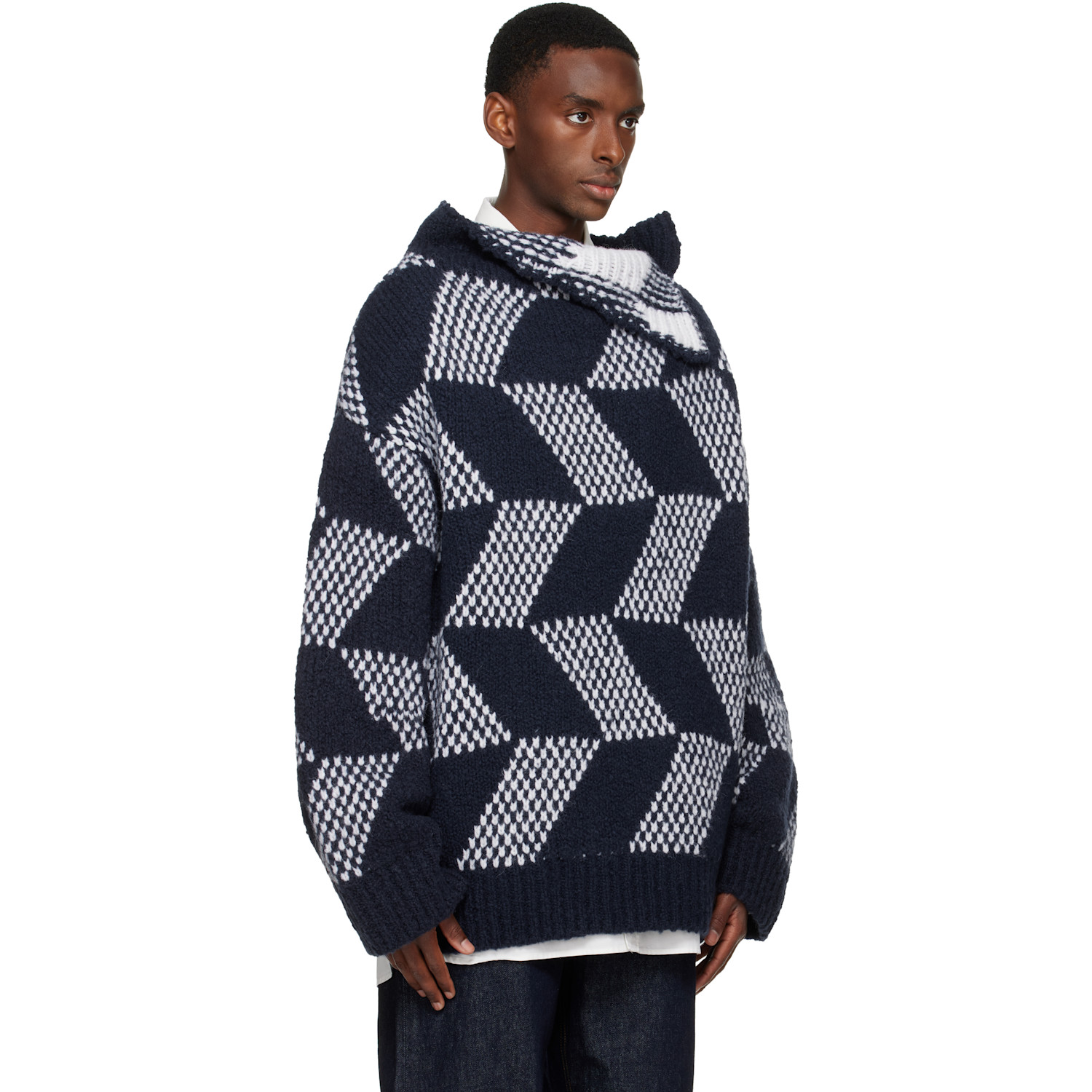  Dries Van Noten Navy & White Oversized Graphic Turtleneck 