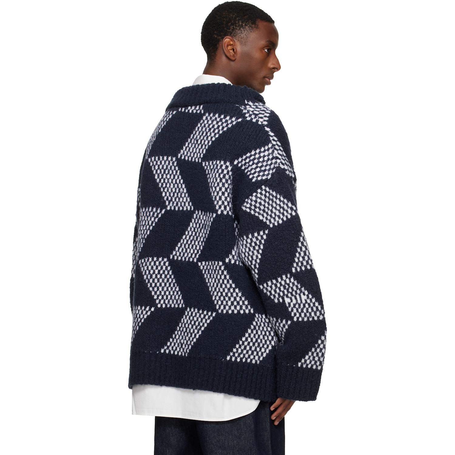  Dries Van Noten Navy & White Oversized Graphic Turtleneck 