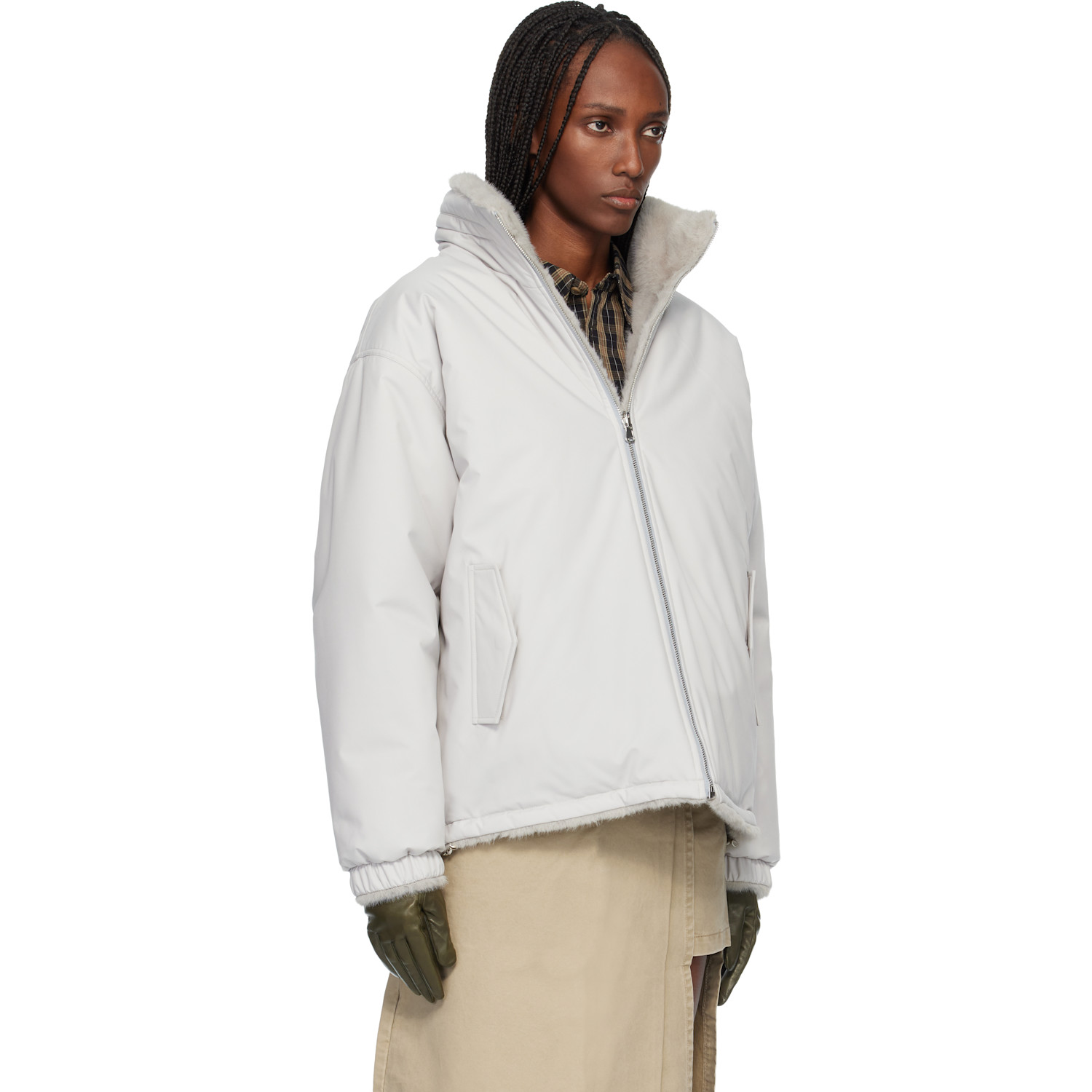  Cplus Series Gray Two-way Faux Fur Reversible Jacket 