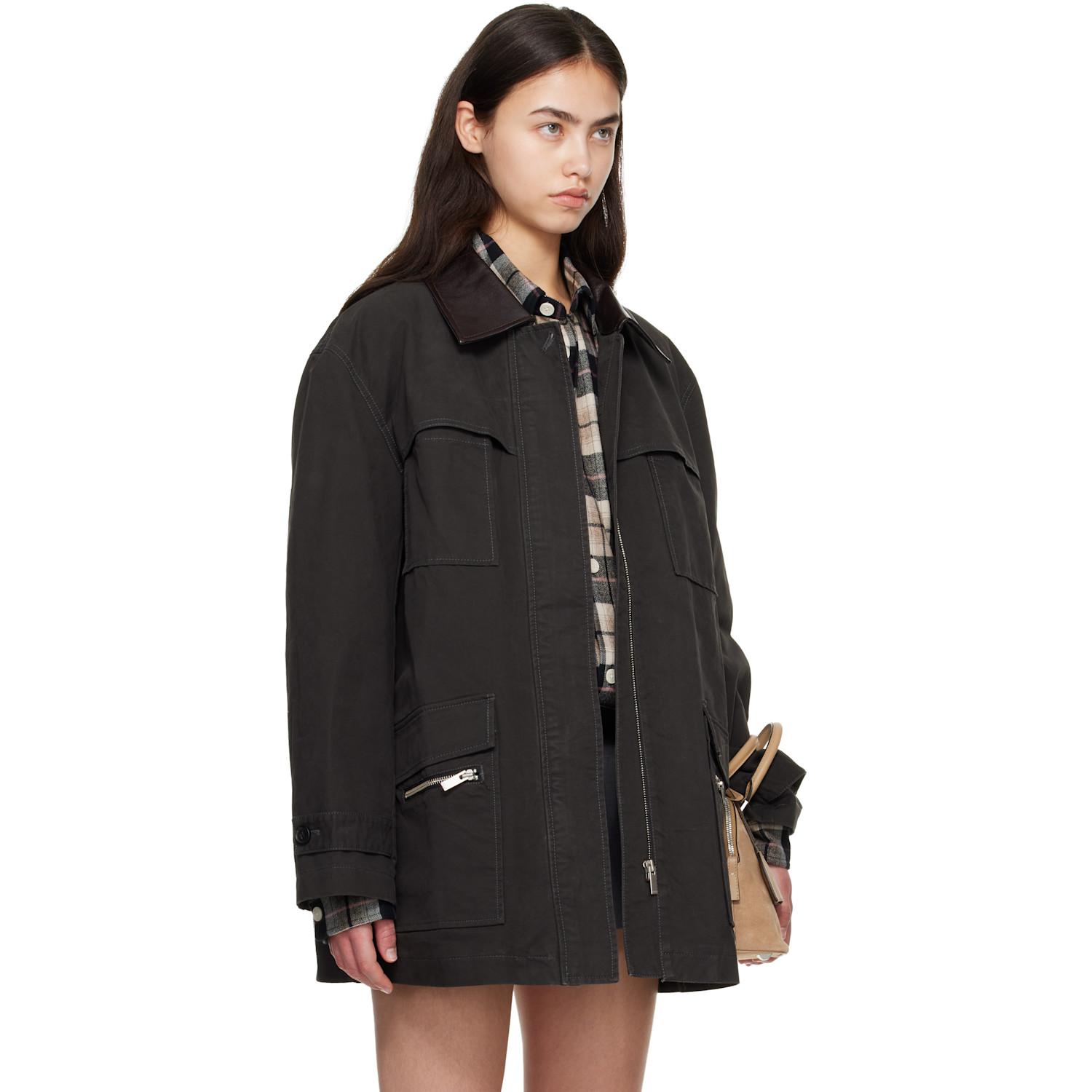  Cplus Series Black Leather-collar Multi-pockets Distressed Jacket 