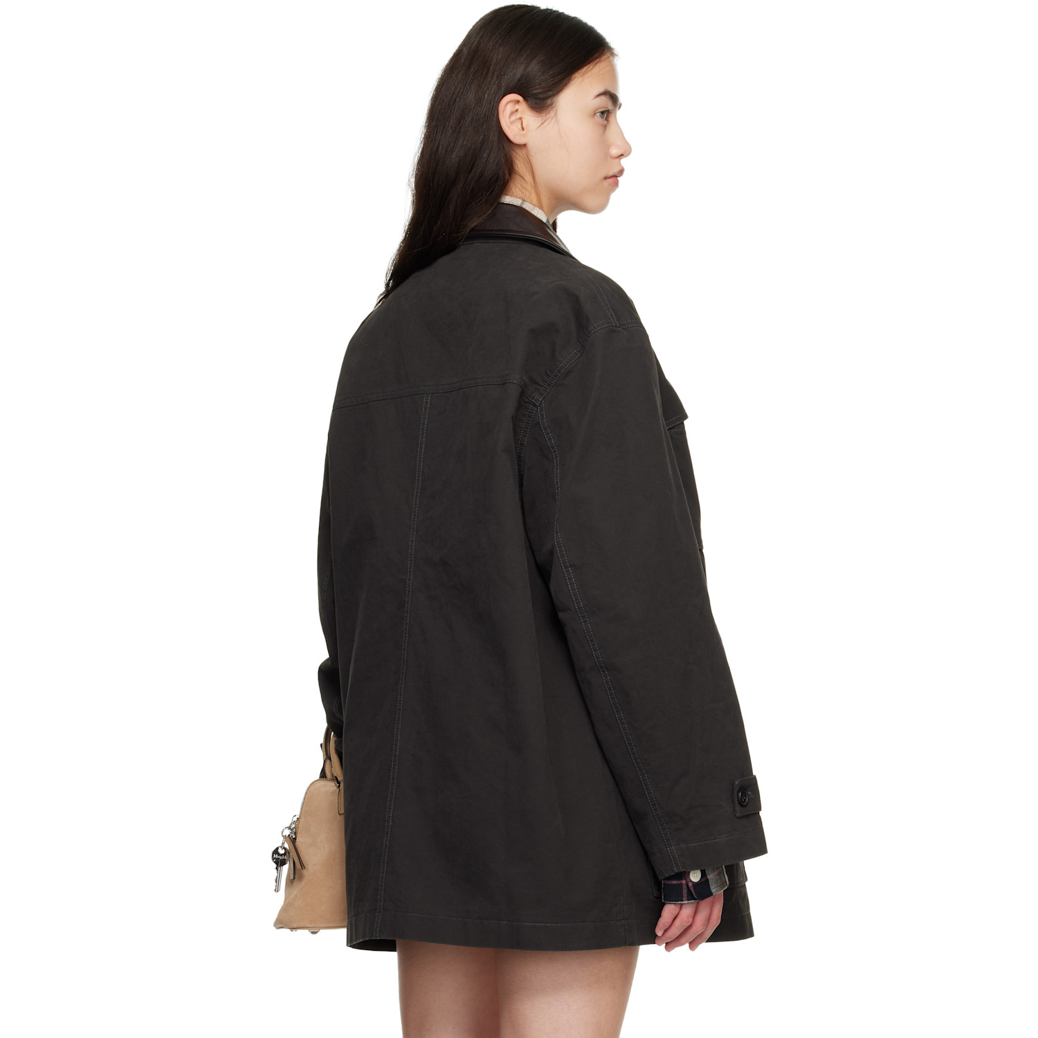  Cplus Series Black Leather-collar Multi-pockets Distressed Jacket 