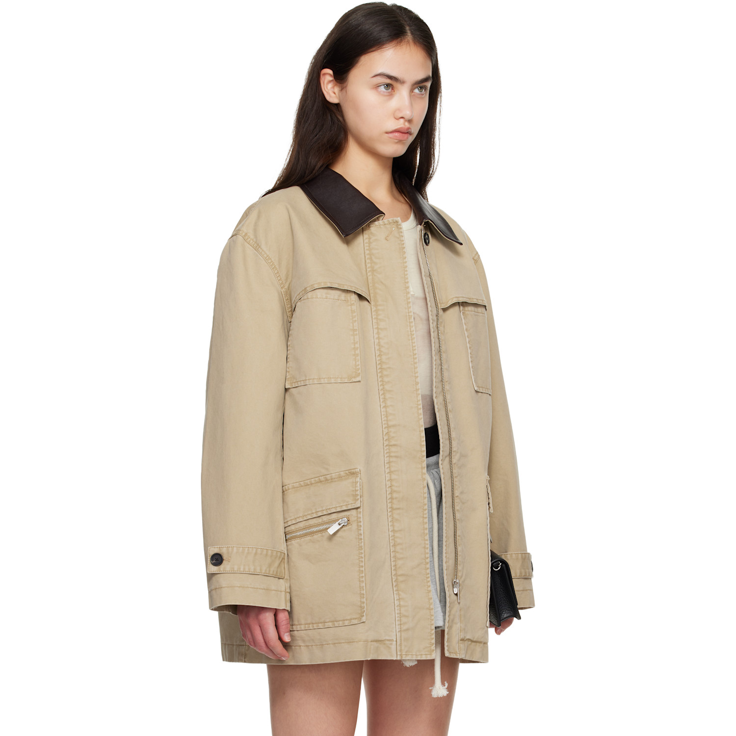  Cplus Series Khaki Leather-collar Multi-pockets Distressed Jacket 