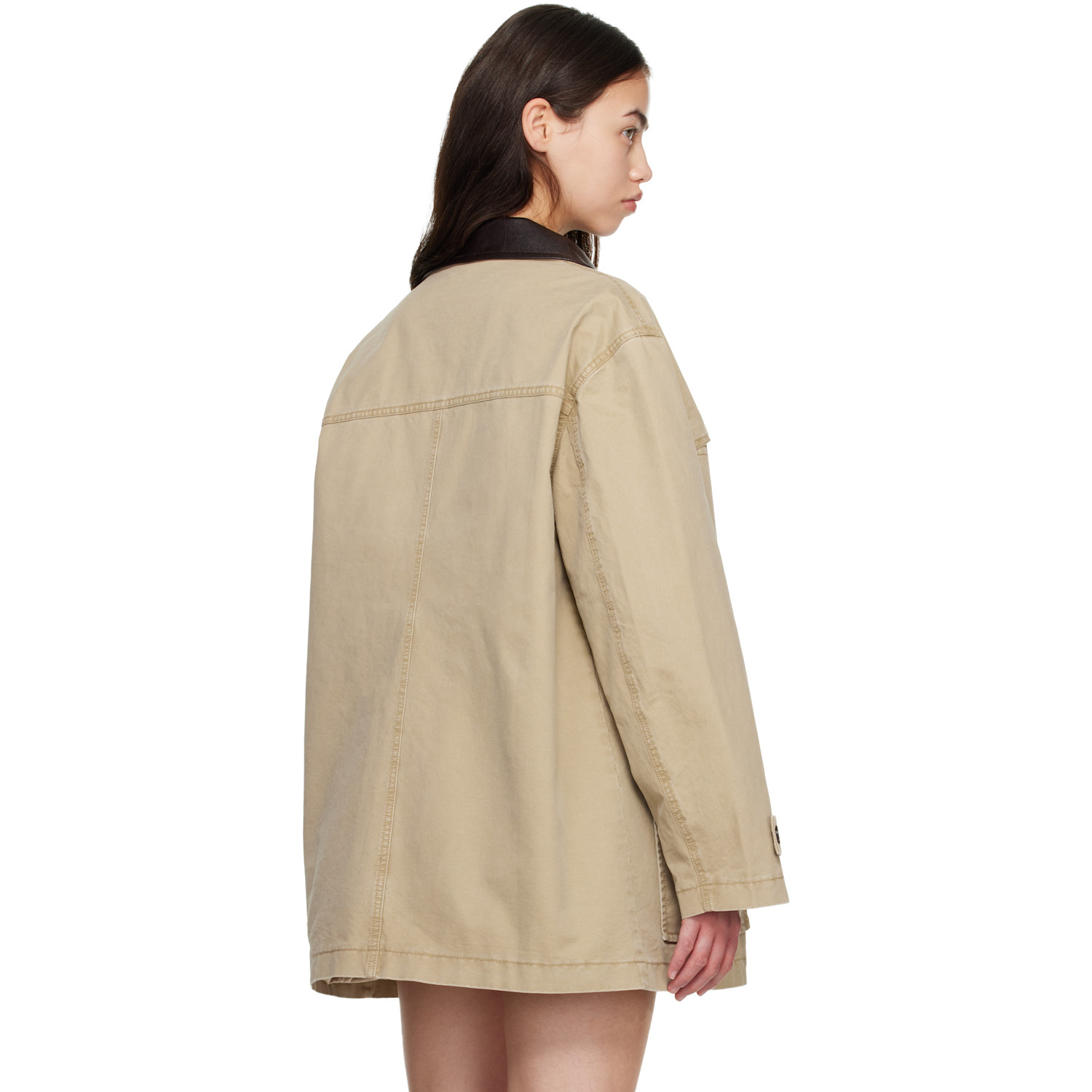  Cplus Series Khaki Leather-collar Multi-pockets Distressed Jacket 