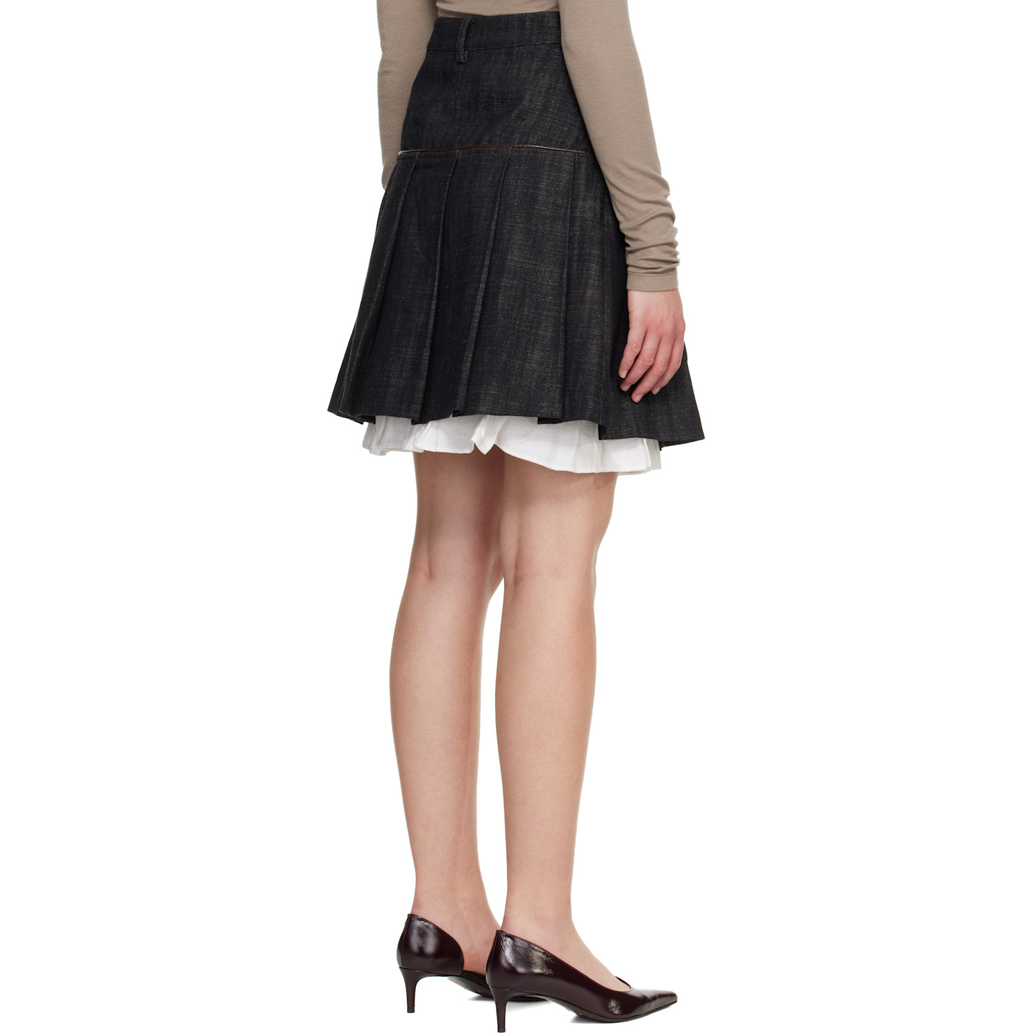  Cplus Series Black Belted Double-layer Pleated Denim Midi Skirt 