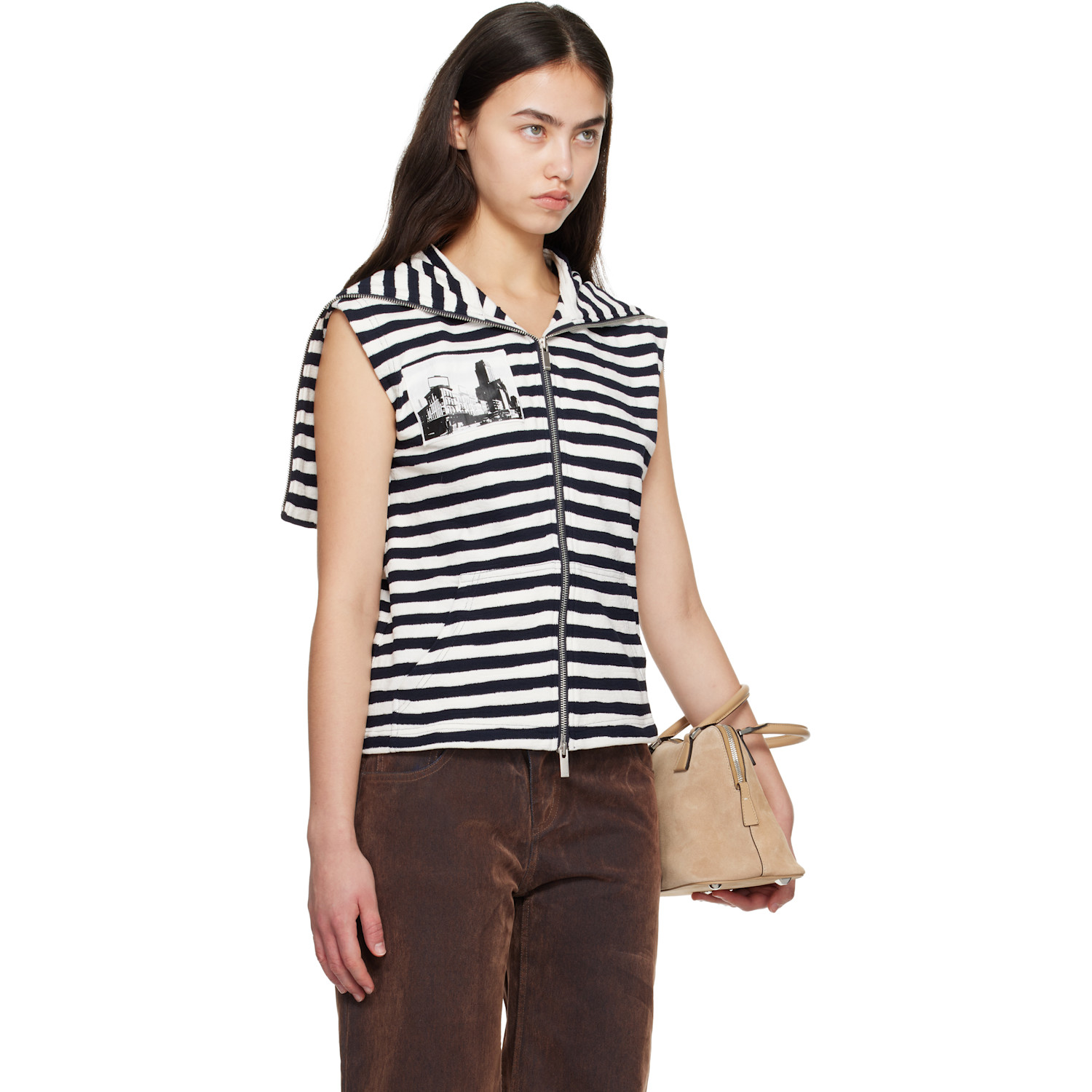  Cplus Series White & Black Asymmetric Striped Collar Top 