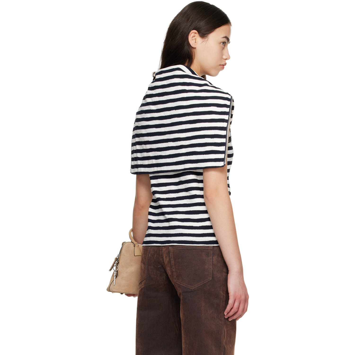  Cplus Series White & Black Asymmetric Striped Collar Top 