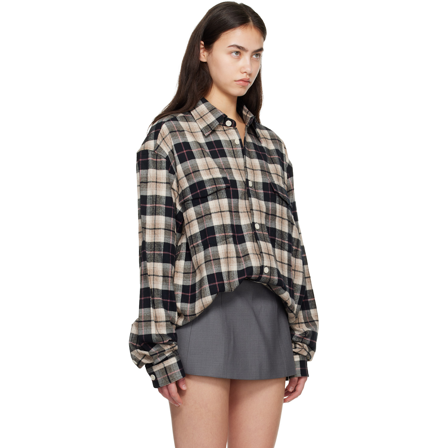  Cplus Series Beige & Black Checked Oversize Shirt 