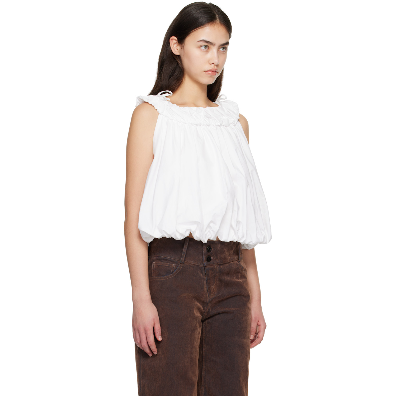  Cplus Series White Crew-neck Pleated Bubble Top 