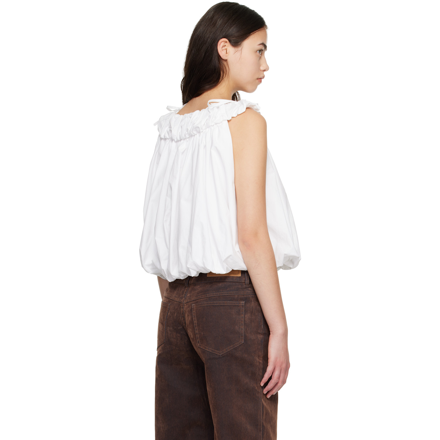 Cplus Series White Crew-neck Pleated Bubble Top 