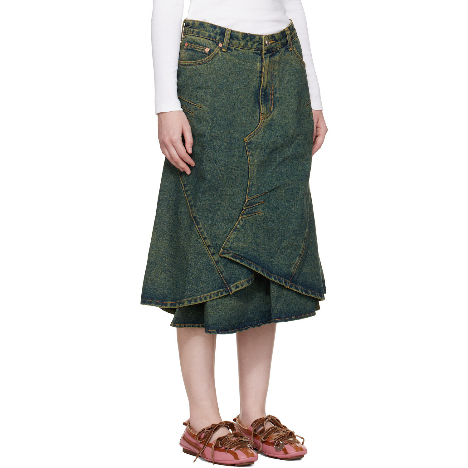  Andersson Bell Blue Custom Flare Layered Denim Midi Skirt 