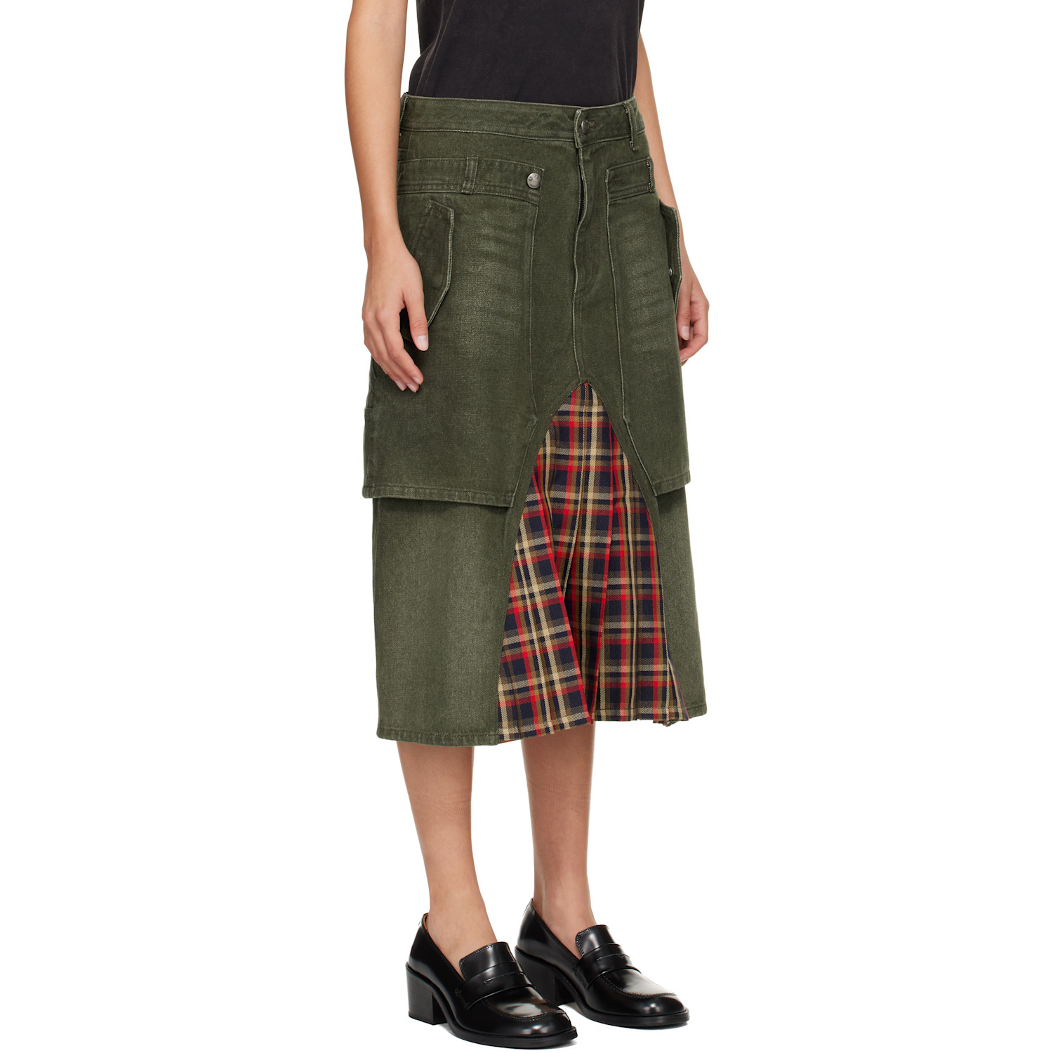  Andersson Bell Khaki Raptor Layered Pleats Denim Midi Skirt 
