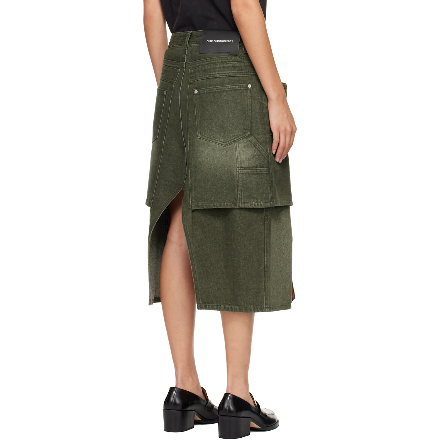  Andersson Bell Khaki Raptor Layered Pleats Denim Midi Skirt 