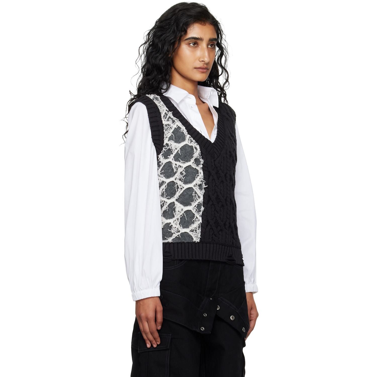 Andersson Bell Black & Gray Boucle Cable Patchwork Knit Vest 