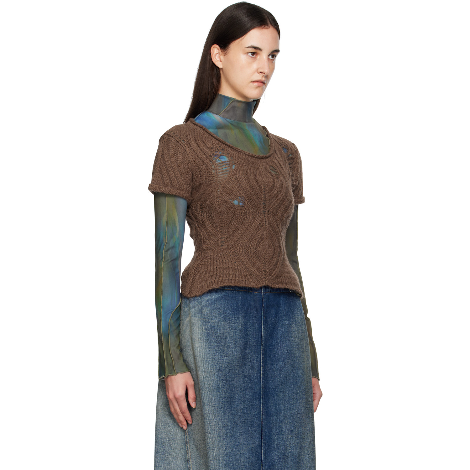  Andersson Bell Brown & Green Cap Sleeve Sweater Layered T-shirt 