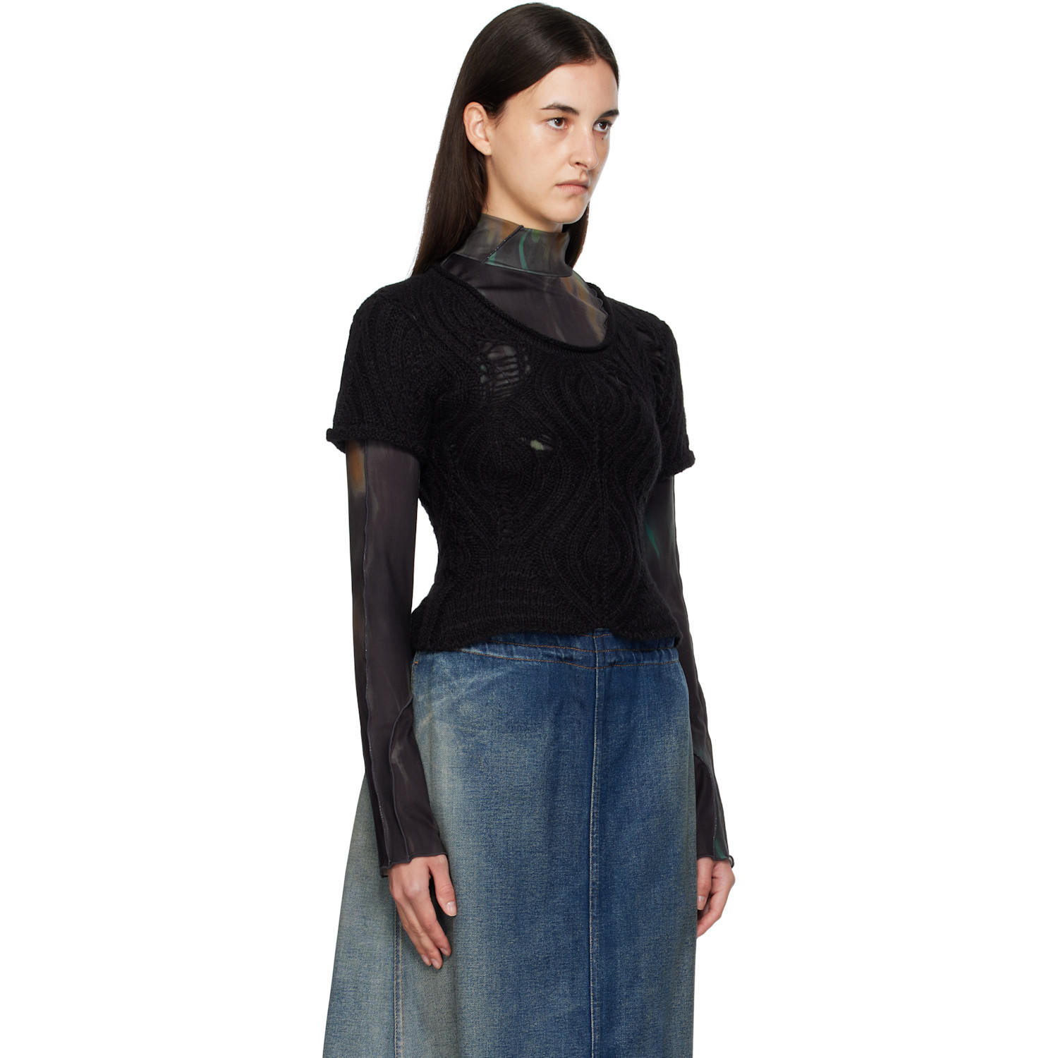  Andersson Bell Black & Green Cap Sleeve Sweater Layered T-shirt 