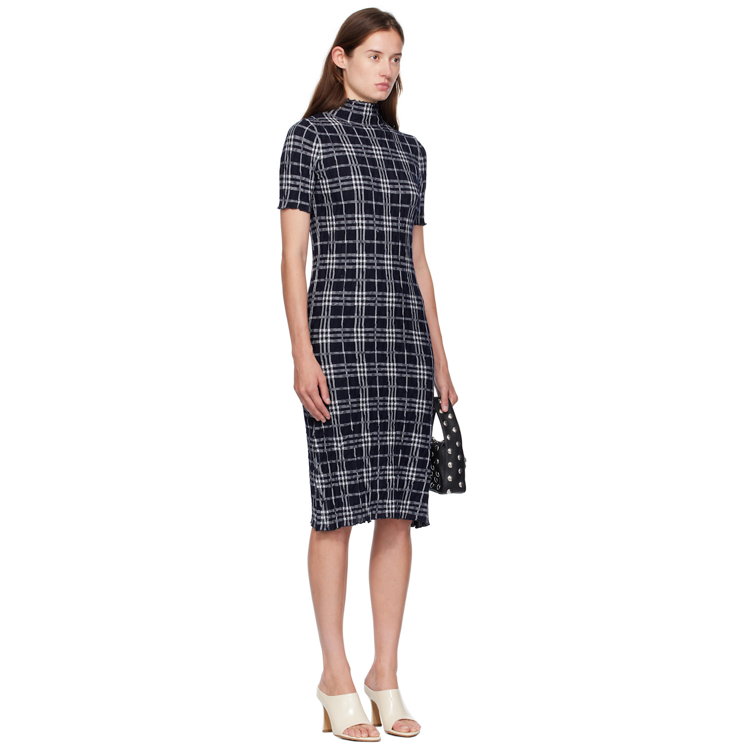  Burberry Navy & White Check Wool Blend Midi Dress 