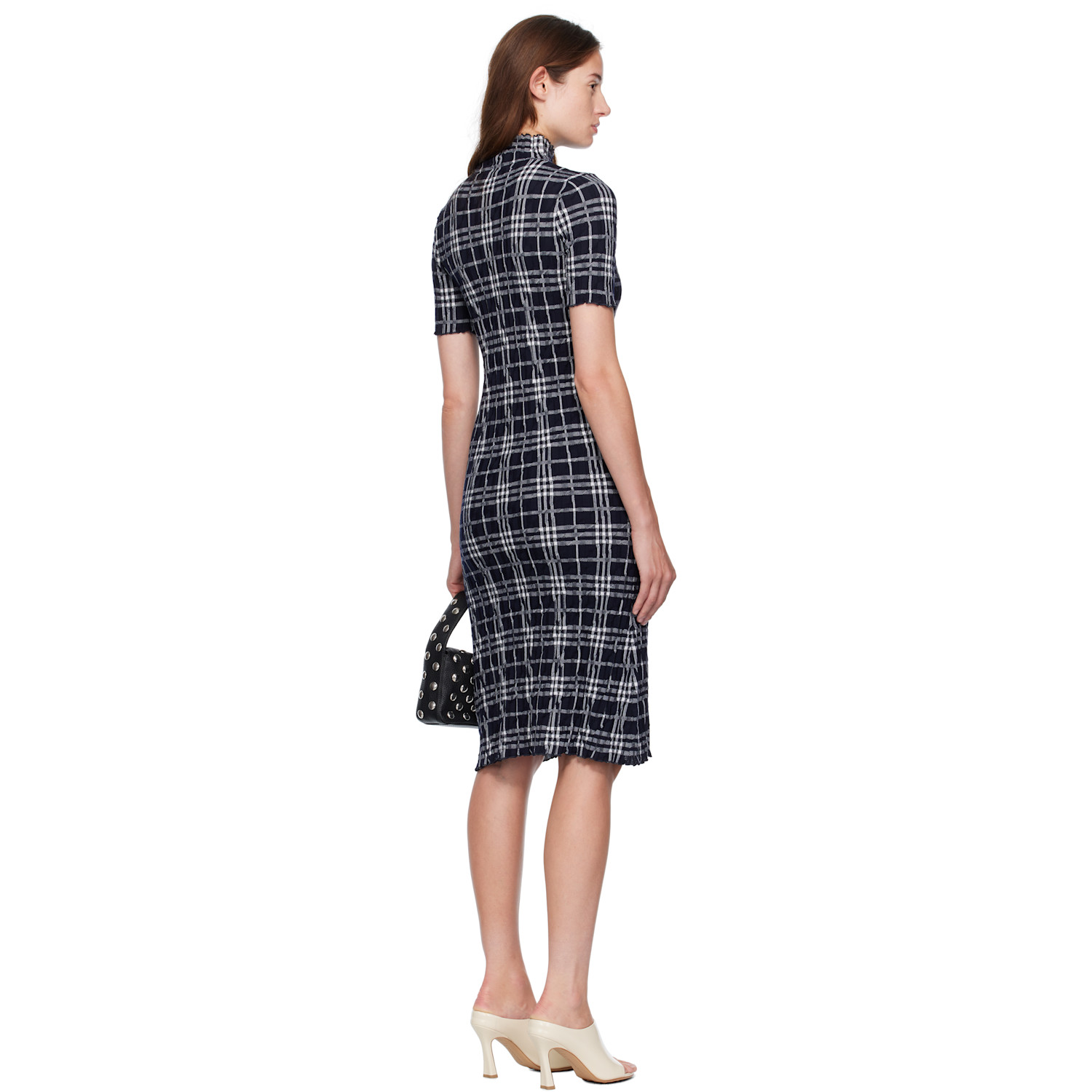  Burberry Navy & White Check Wool Blend Midi Dress 