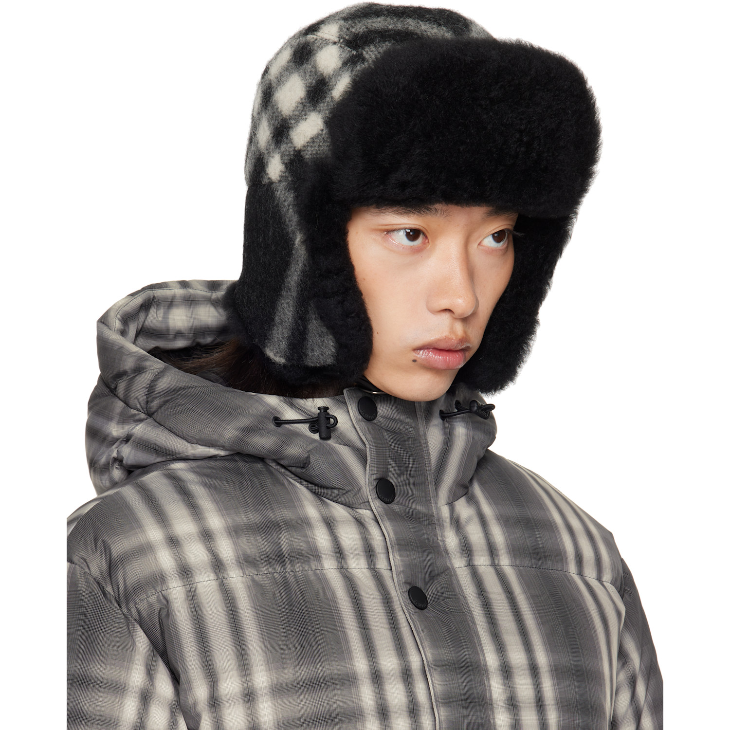  Burberry Black & Off-white Check Wool Trapper Hat 