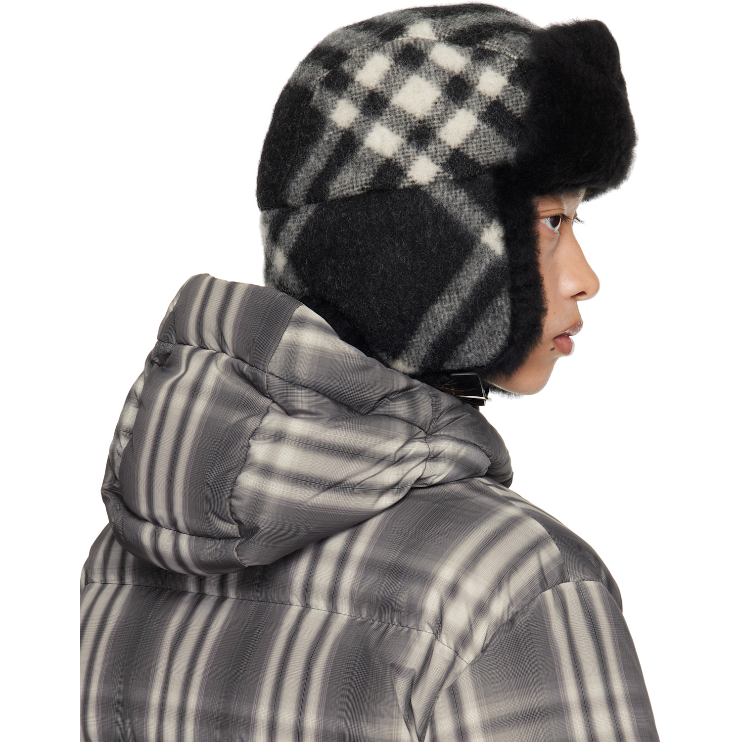  Burberry Black & Off-white Check Wool Trapper Hat 