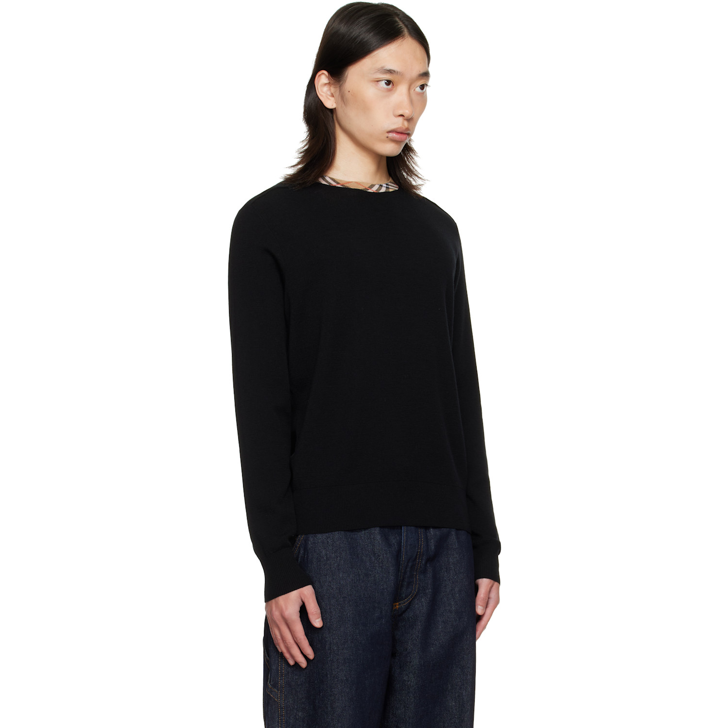  Burberry Black Check Trim Wool Sweater 
