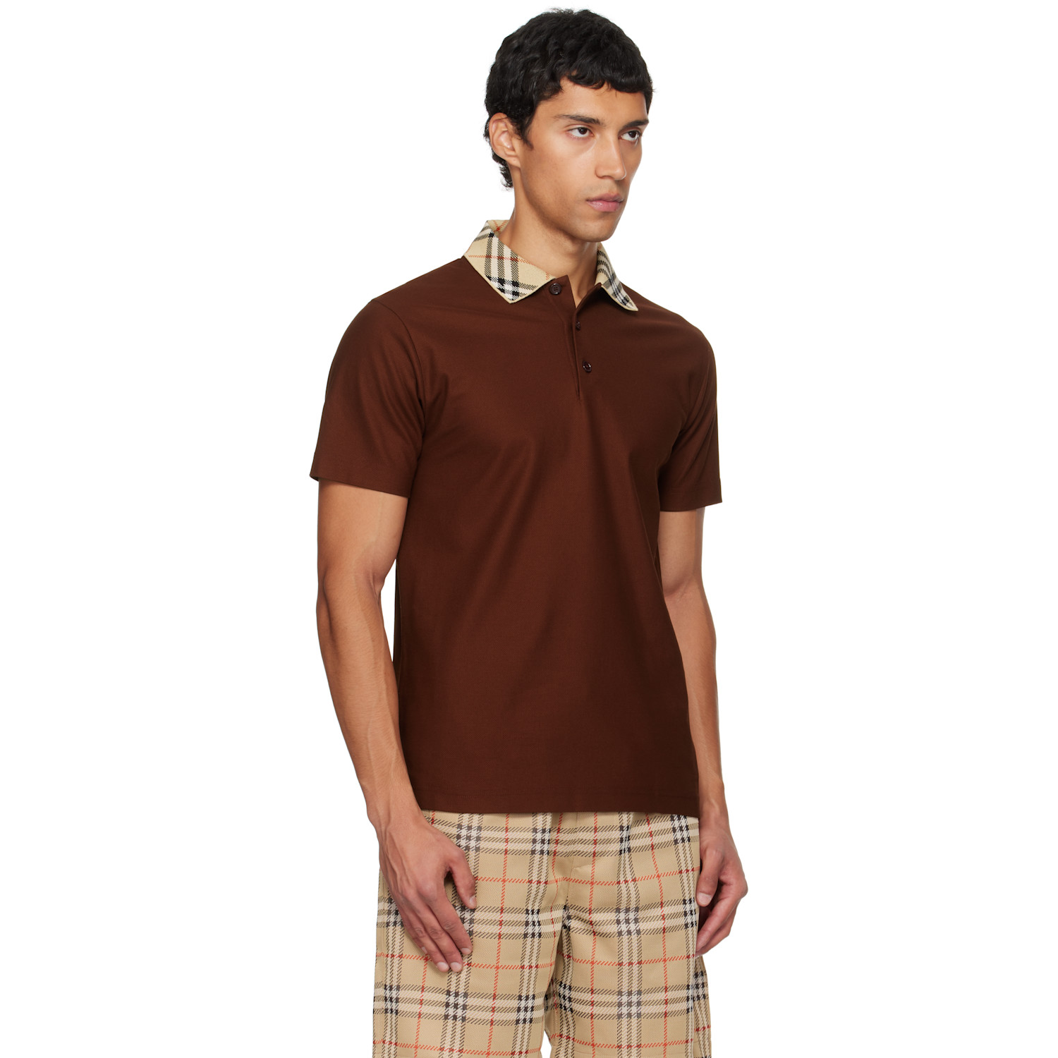  Burberry Burgundy Check Collar Cotton Polo 