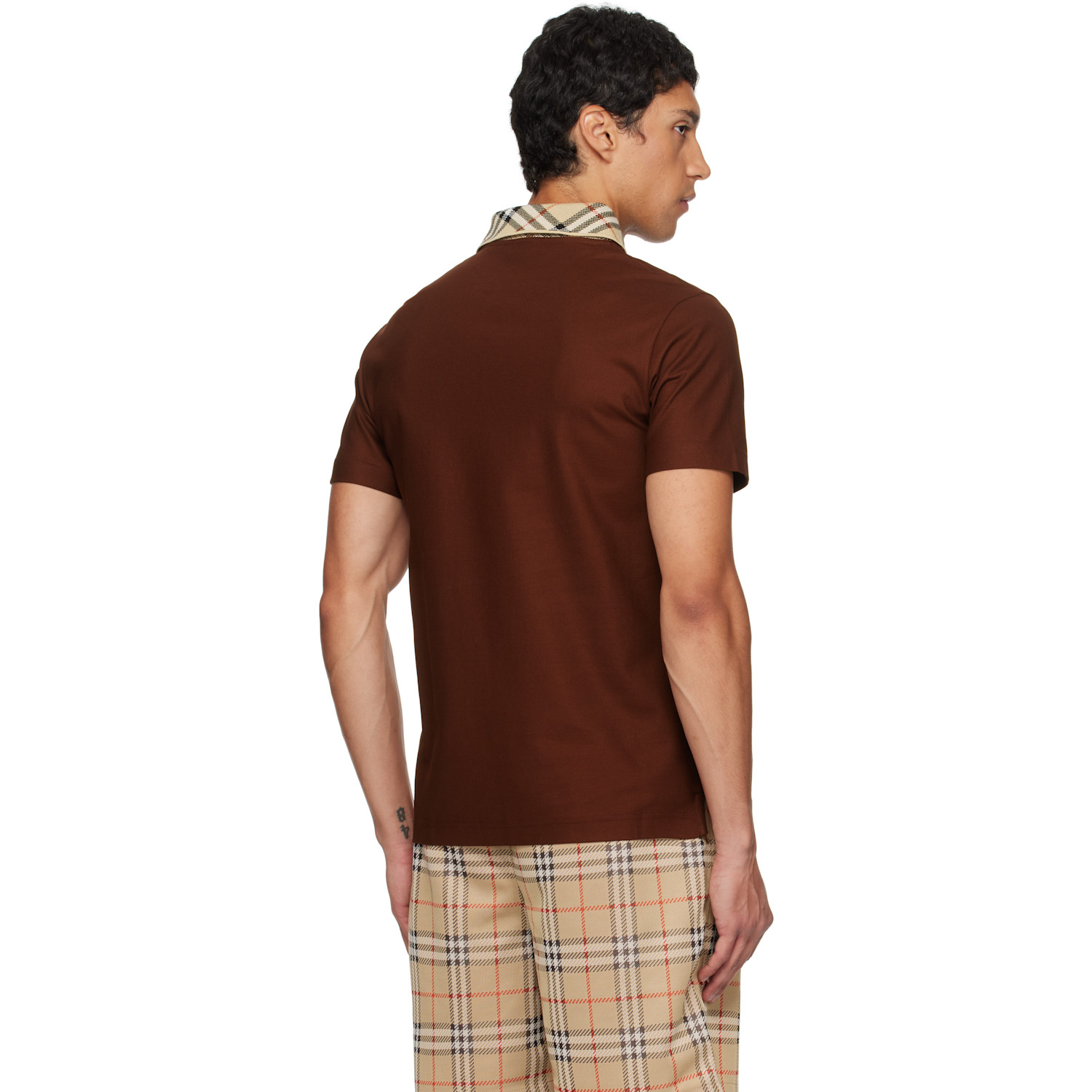  Burberry Burgundy Check Collar Cotton Polo 