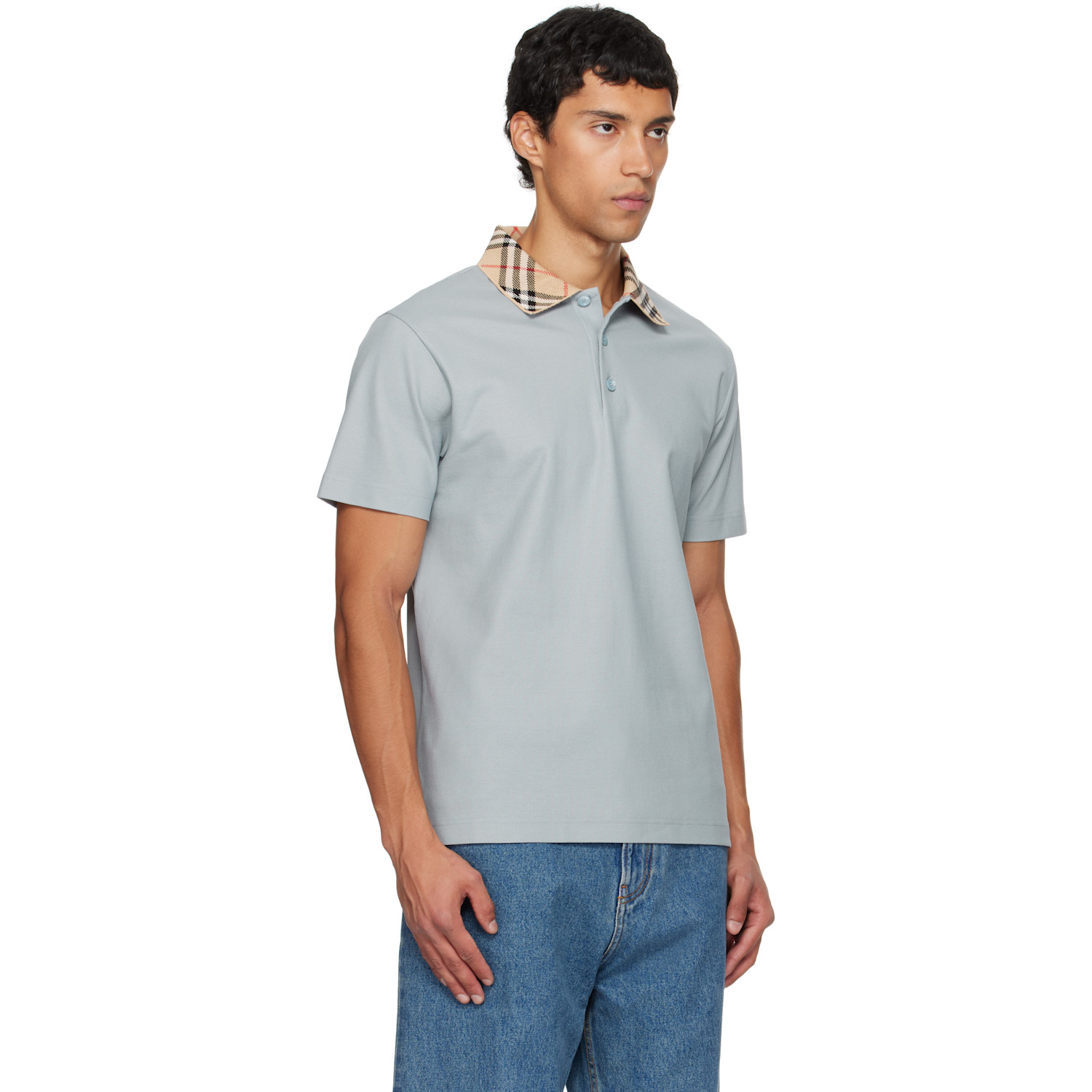  Burberry Blue Check Collar Cotton Polo 