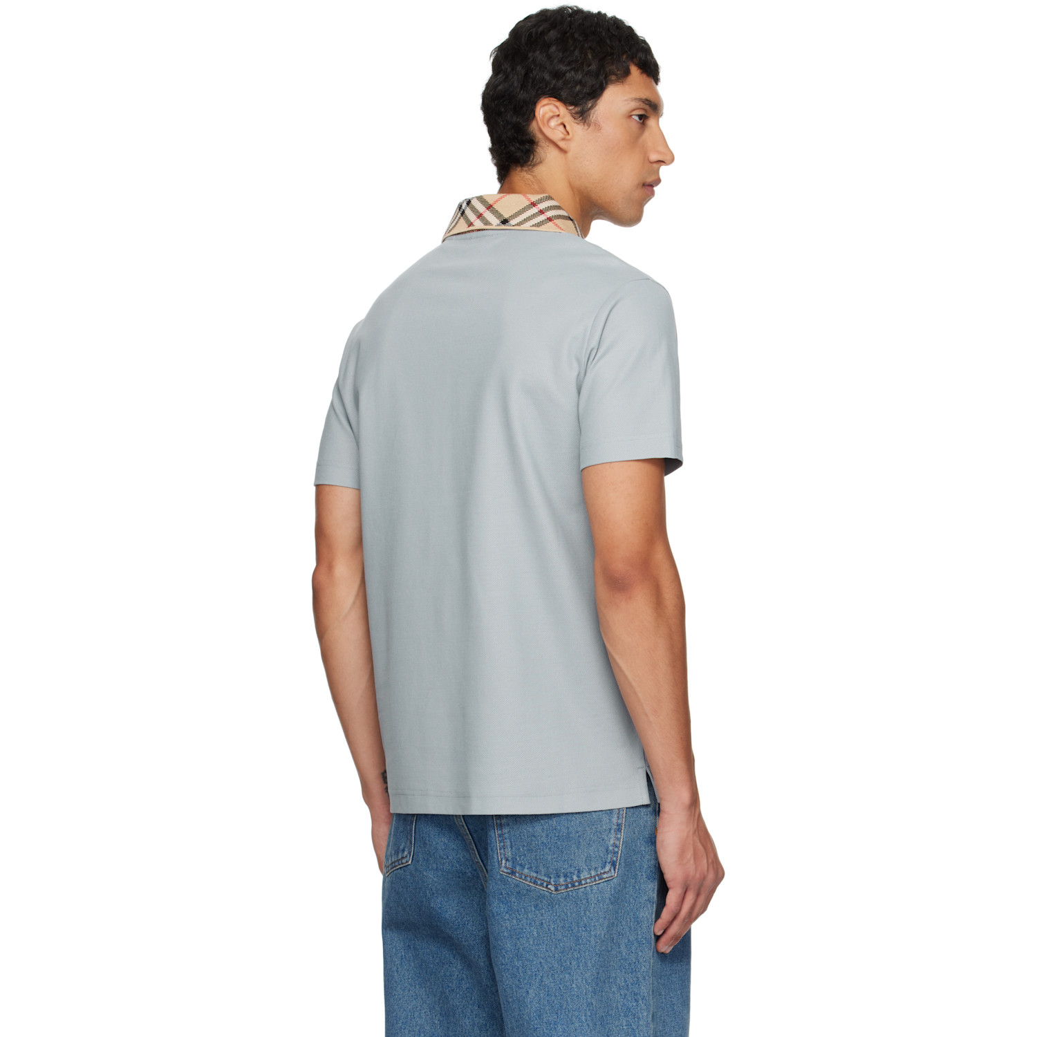  Burberry Blue Check Collar Cotton Polo 