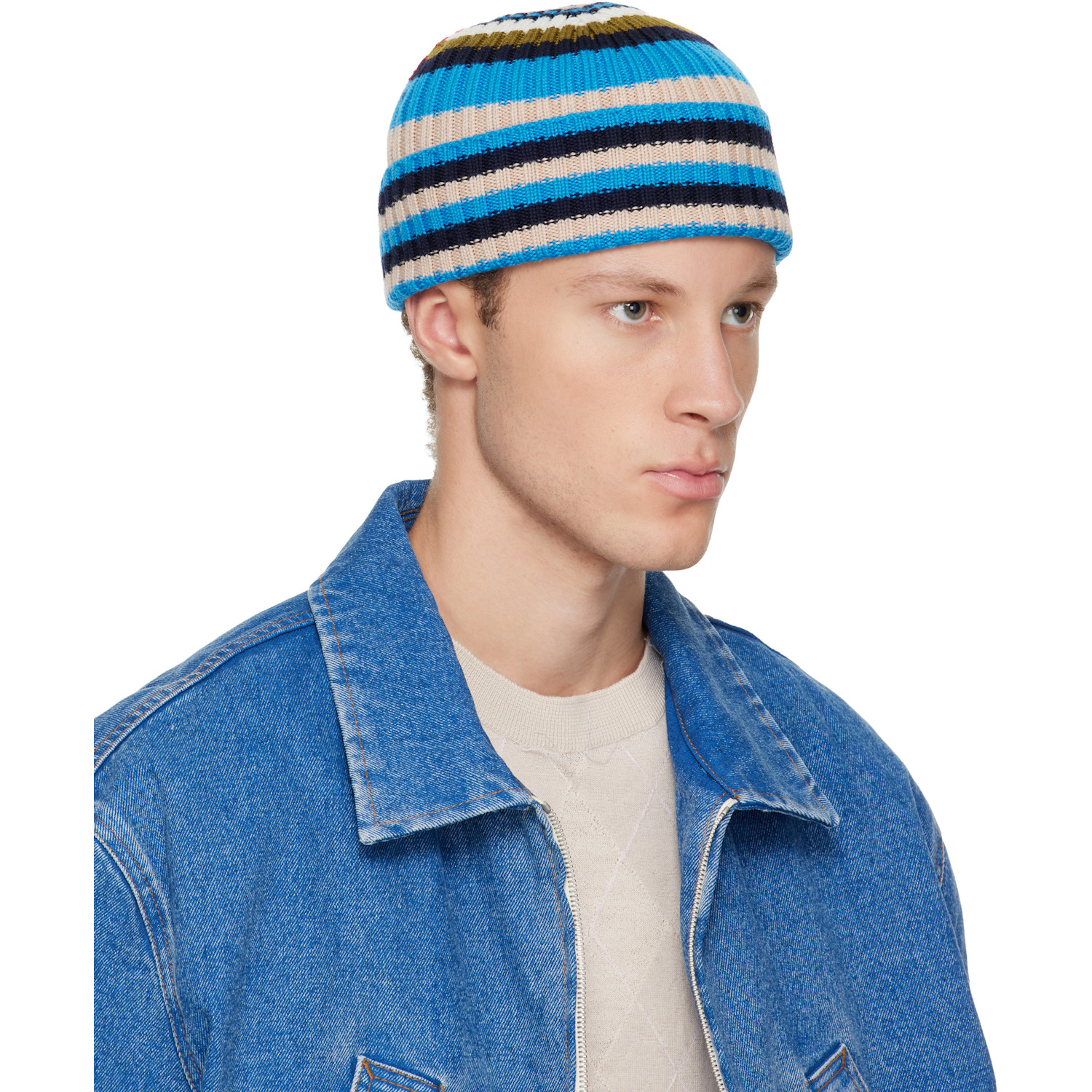  Marni Blue Striped Ribbed Beanie 
