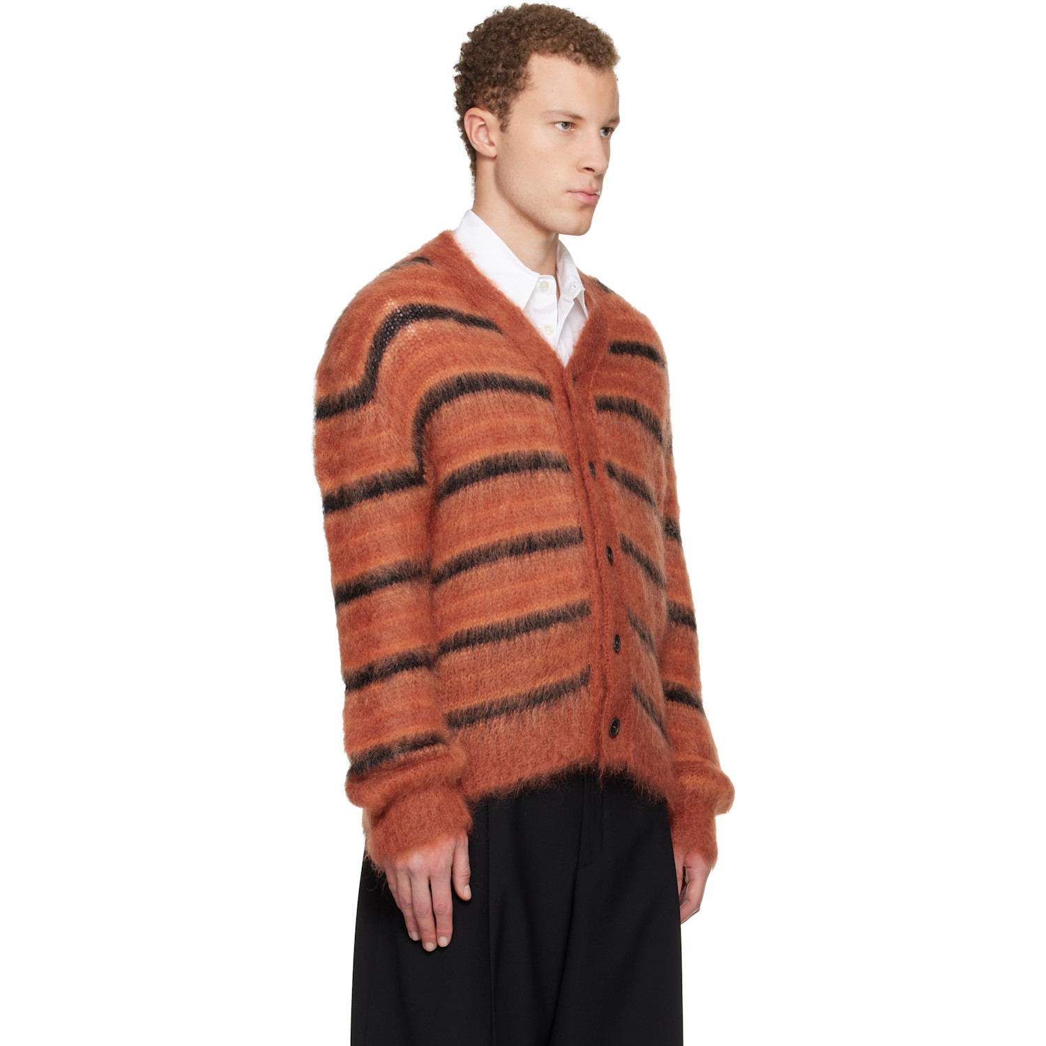  Marni Red & Black Fuzzy Wuzzy Stripe V-neck Cardigan 