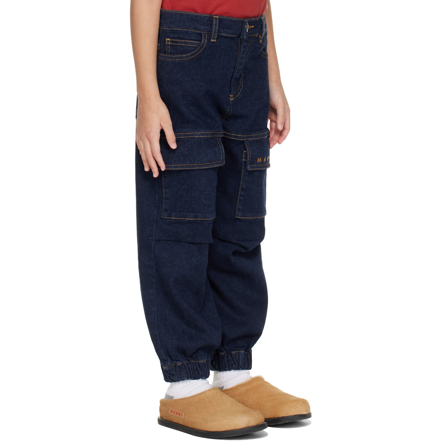 Marni Kids Navy Embroidered-logo Denim Cargo Pants 