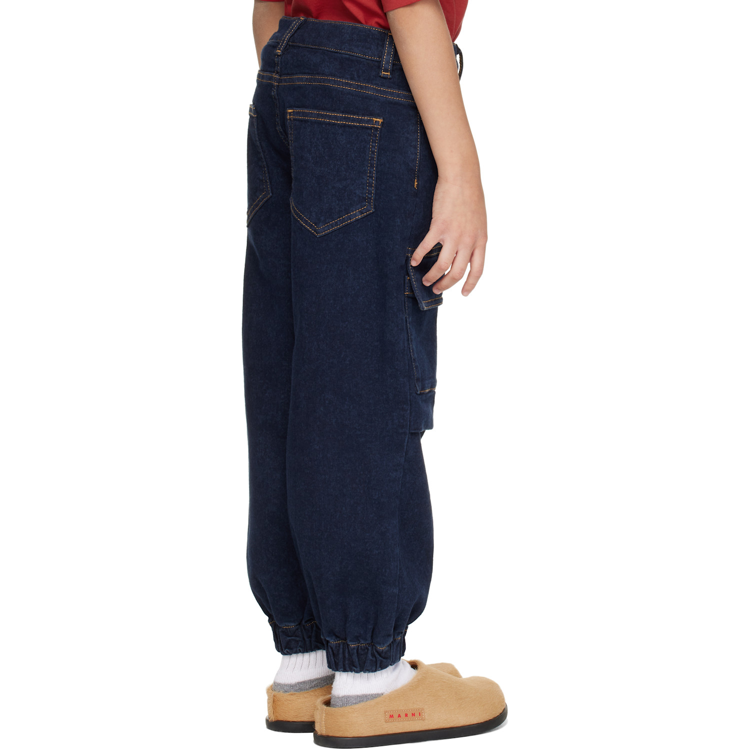  Marni Kids Navy Embroidered-logo Denim Cargo Pants 