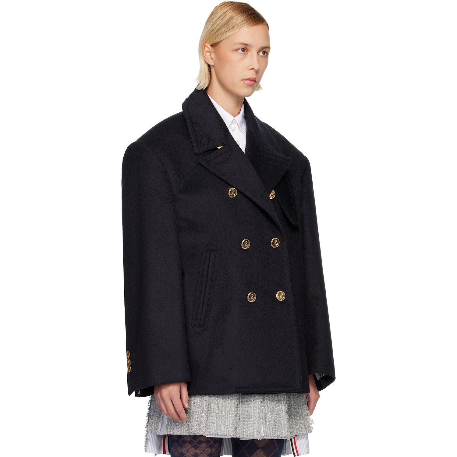  Thom Browne Navy Ziberline Finish Cashmere Oversized Pea Coat 