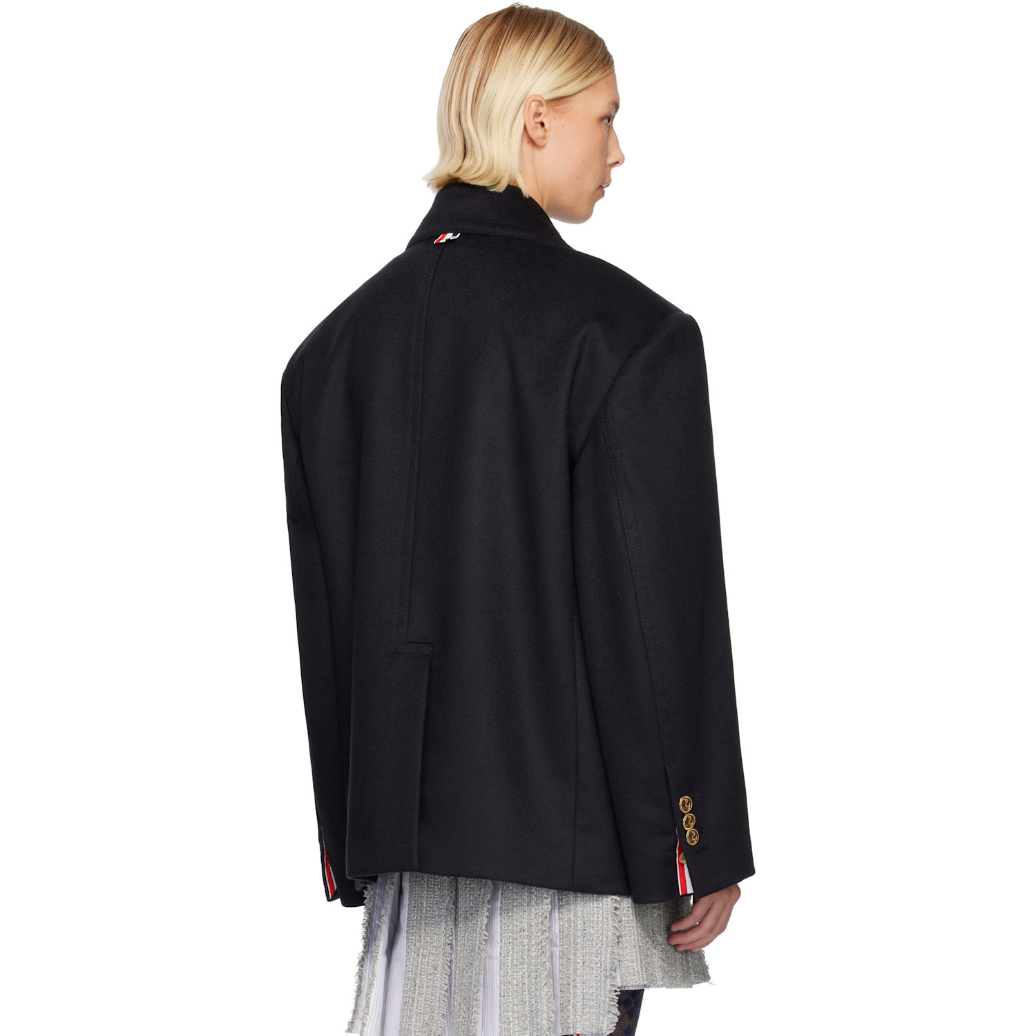  Thom Browne Navy Ziberline Finish Cashmere Oversized Pea Coat 