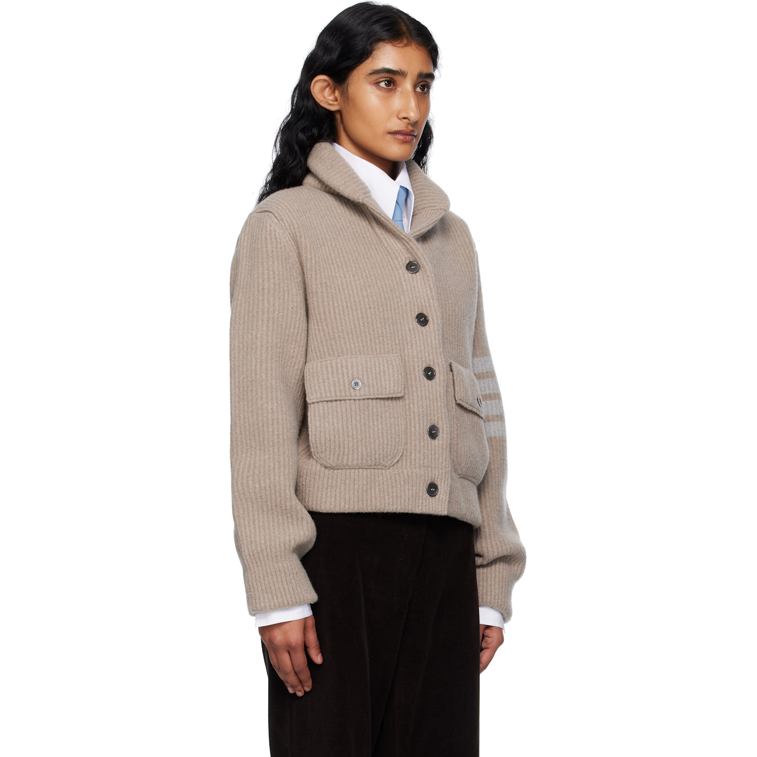  Thom Browne Beige Boiled Merino Wool 4-bar Bomber Cardigan 