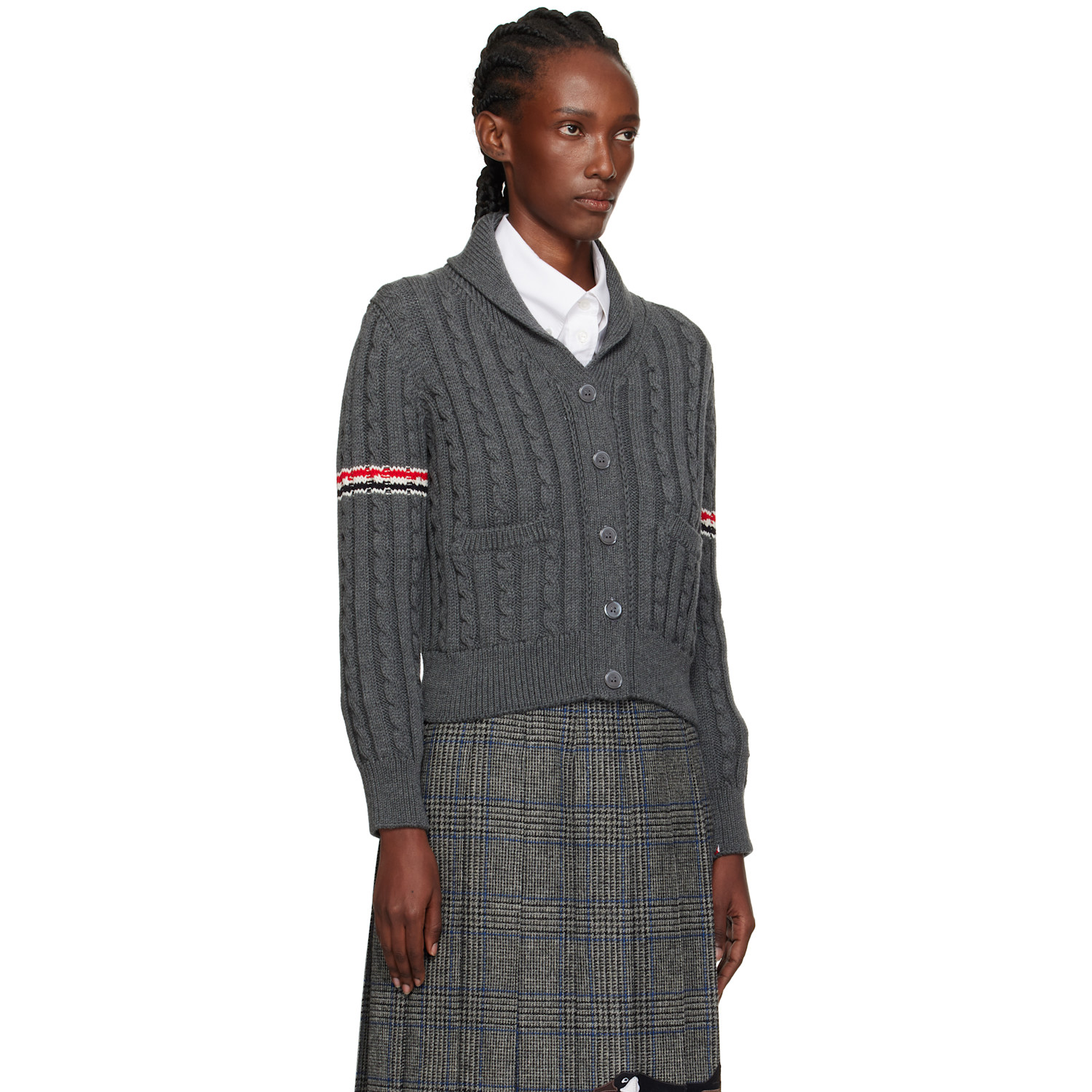  Thom Browne Gray Baby Cable Stitch Shawl Collar Cardigan 
