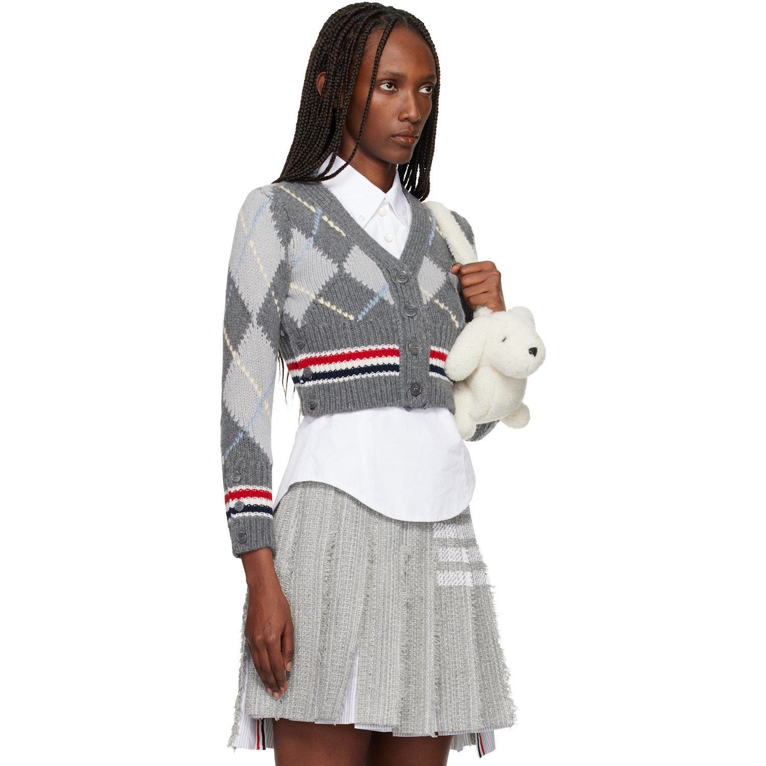  Thom Browne Gray Argyle Intarsia Merino Wool Shrunken Cardigan 