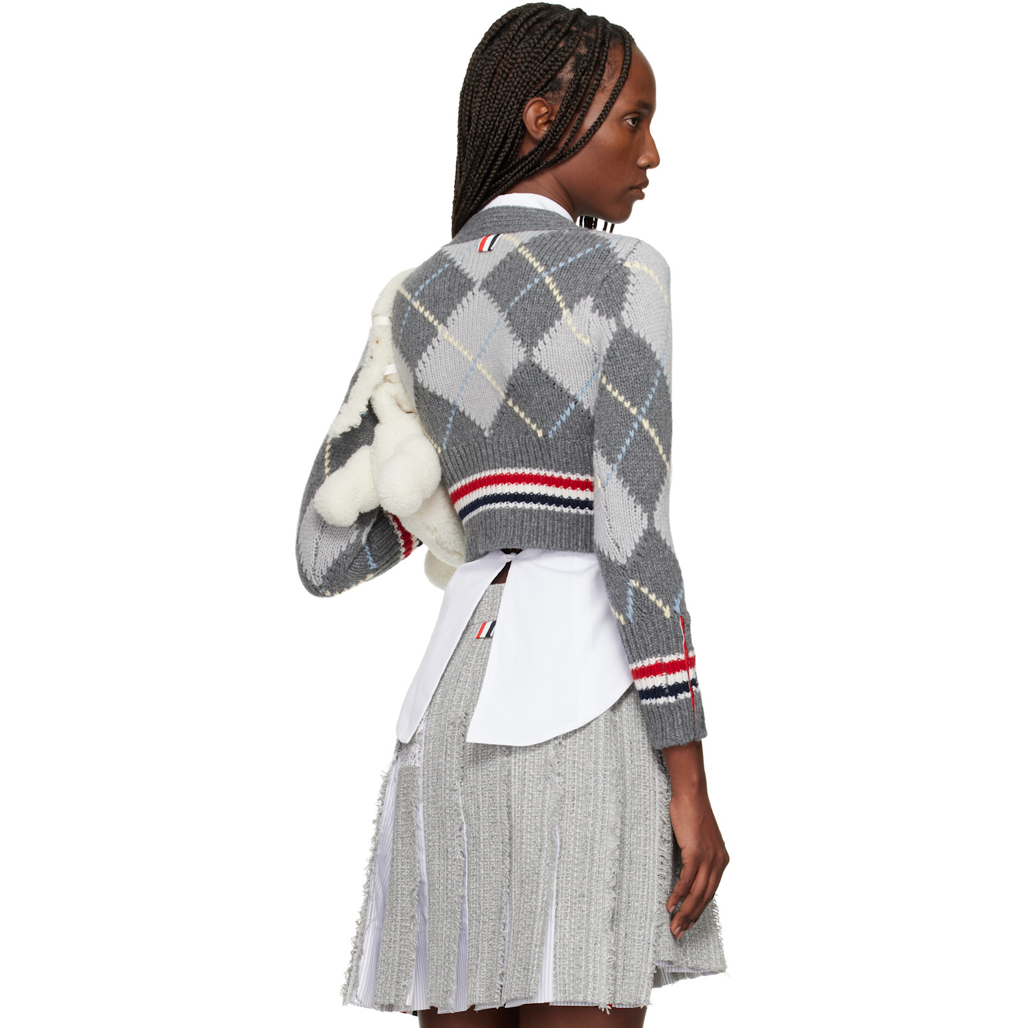  Thom Browne Gray Argyle Intarsia Merino Wool Shrunken Cardigan 