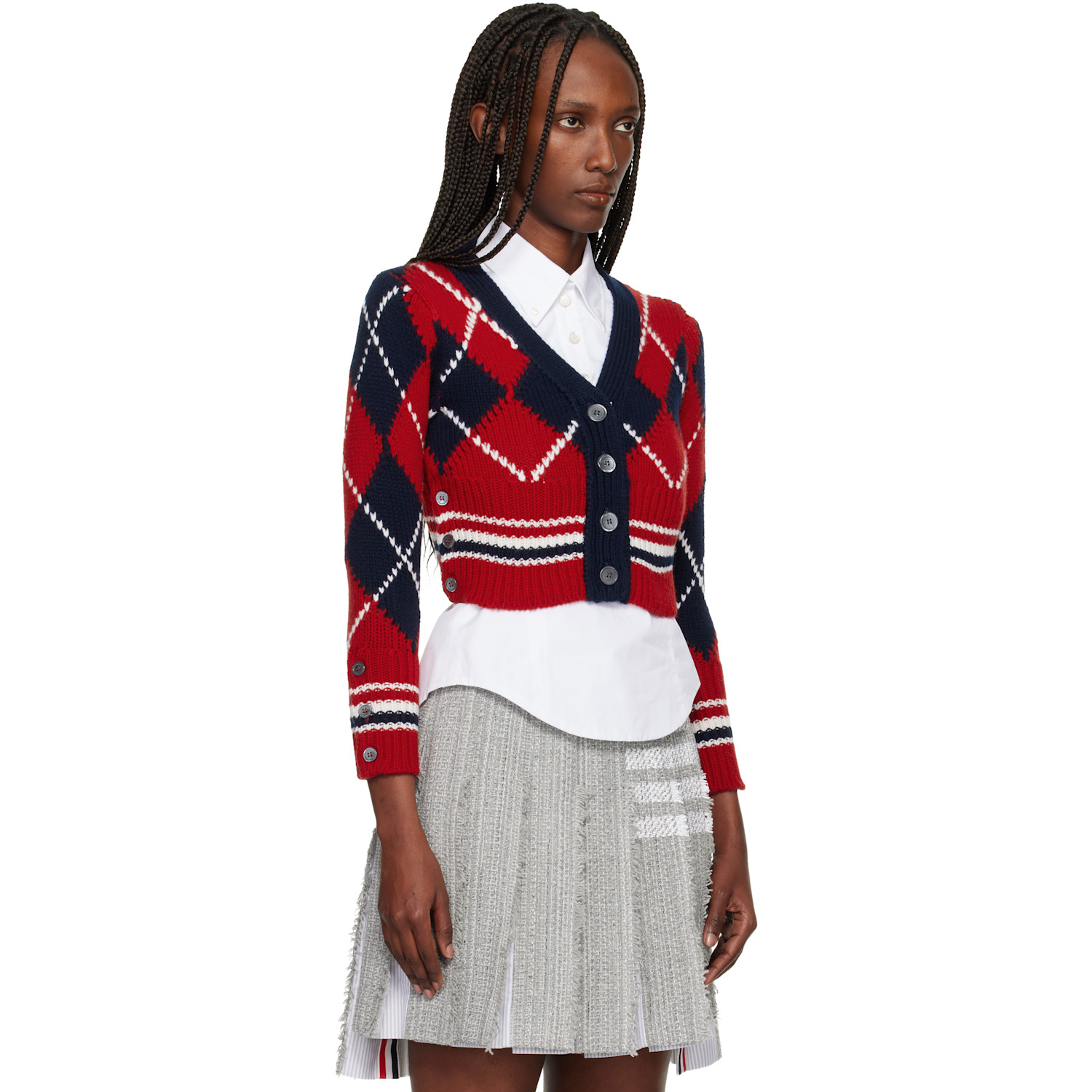  Thom Browne Red Argyle Intarsia Merino Wool Shrunken Cardigan 
