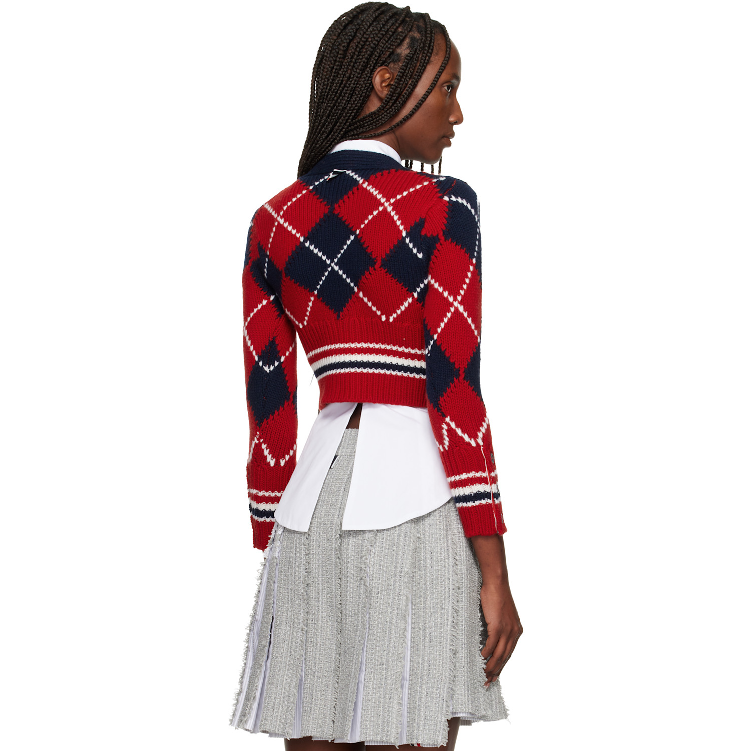  Thom Browne Red Argyle Intarsia Merino Wool Shrunken Cardigan 