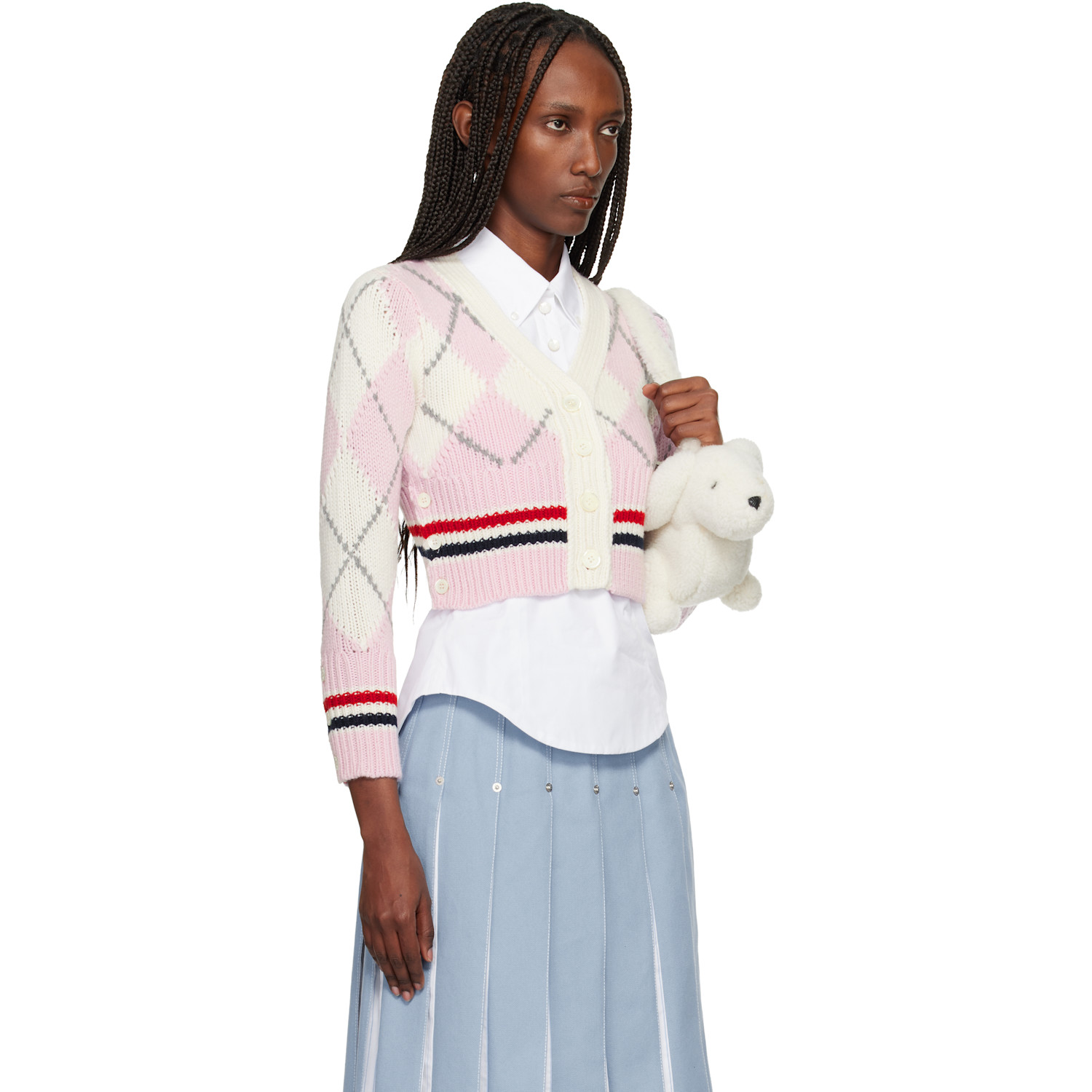  Thom Browne Pink Argyle Merino Shrunken Cardigan 