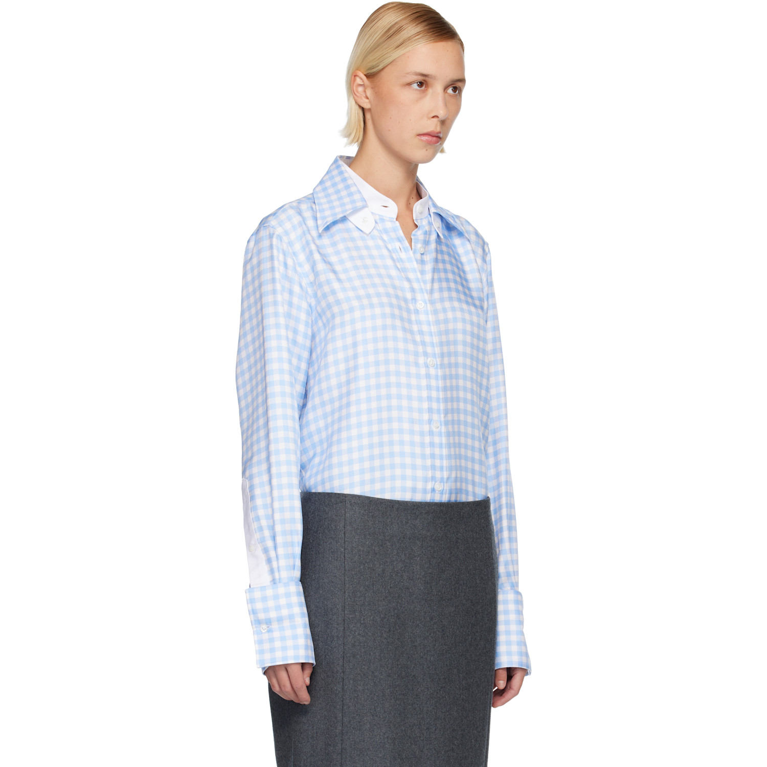  Thom Browne Blue Silk Twill Gingham Shirt 